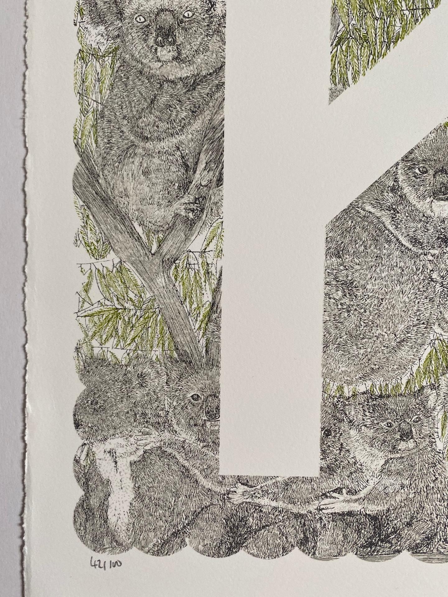 Clare Halifax
K is for Koala
Limited Edition 3 colour screen print
Edition of 100
Sheet Size: H 38cm x W 37cm x 0.1cm
Sold Unframed
Hand printed by the artist onto somerset satin paper 300gms with deckle edge.
Please Note that in situ images are