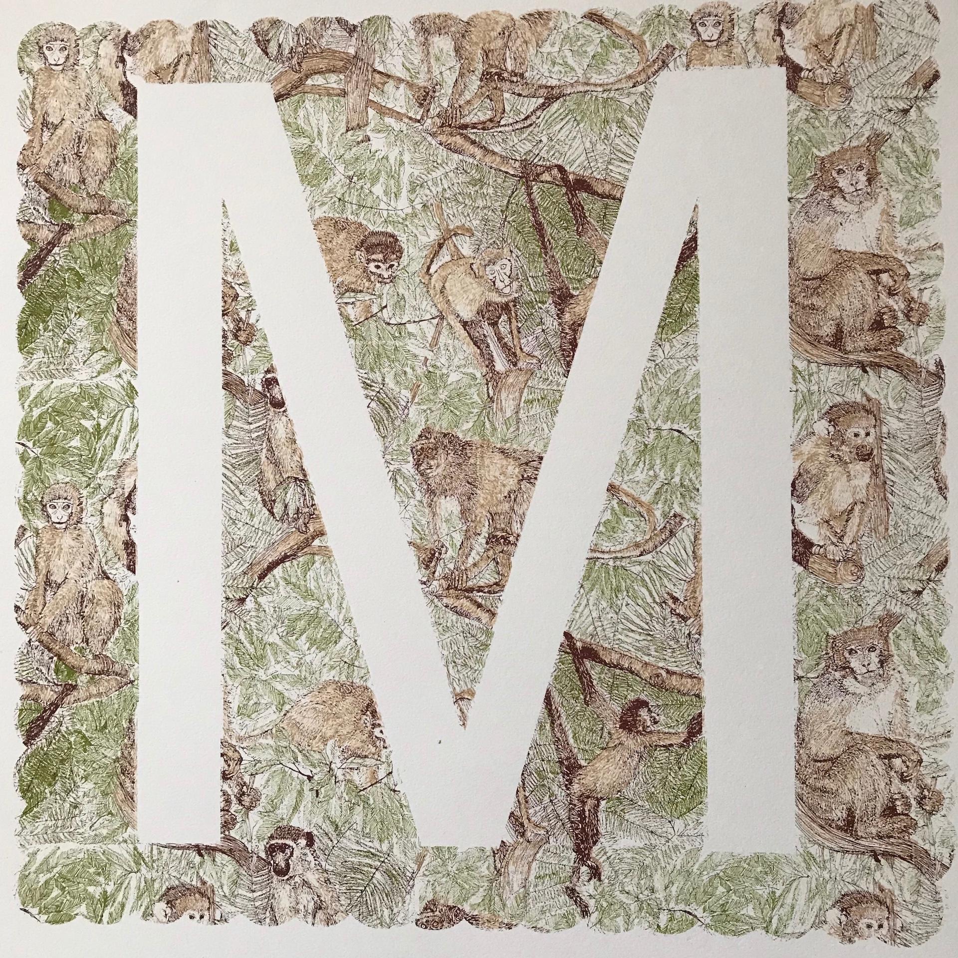 Clare Halifax, M ist für Monkey, Tierkunst, Alphabetdruck, Monogrammdruck