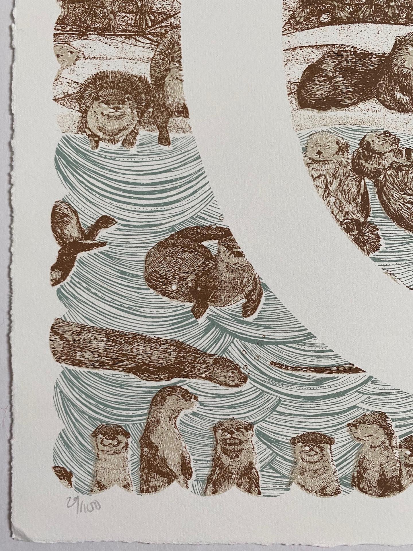 Clare Halifax
O is for Otter
Limited Edition 3 colour screen print
Edition of 100
Sheet Size: H 38cm x W 37cm x 0.1cm
Sold Unframed
Hand printed by the artist onto somerset satin paper 300gms with deckle edge.
Please Note that in situ images are
