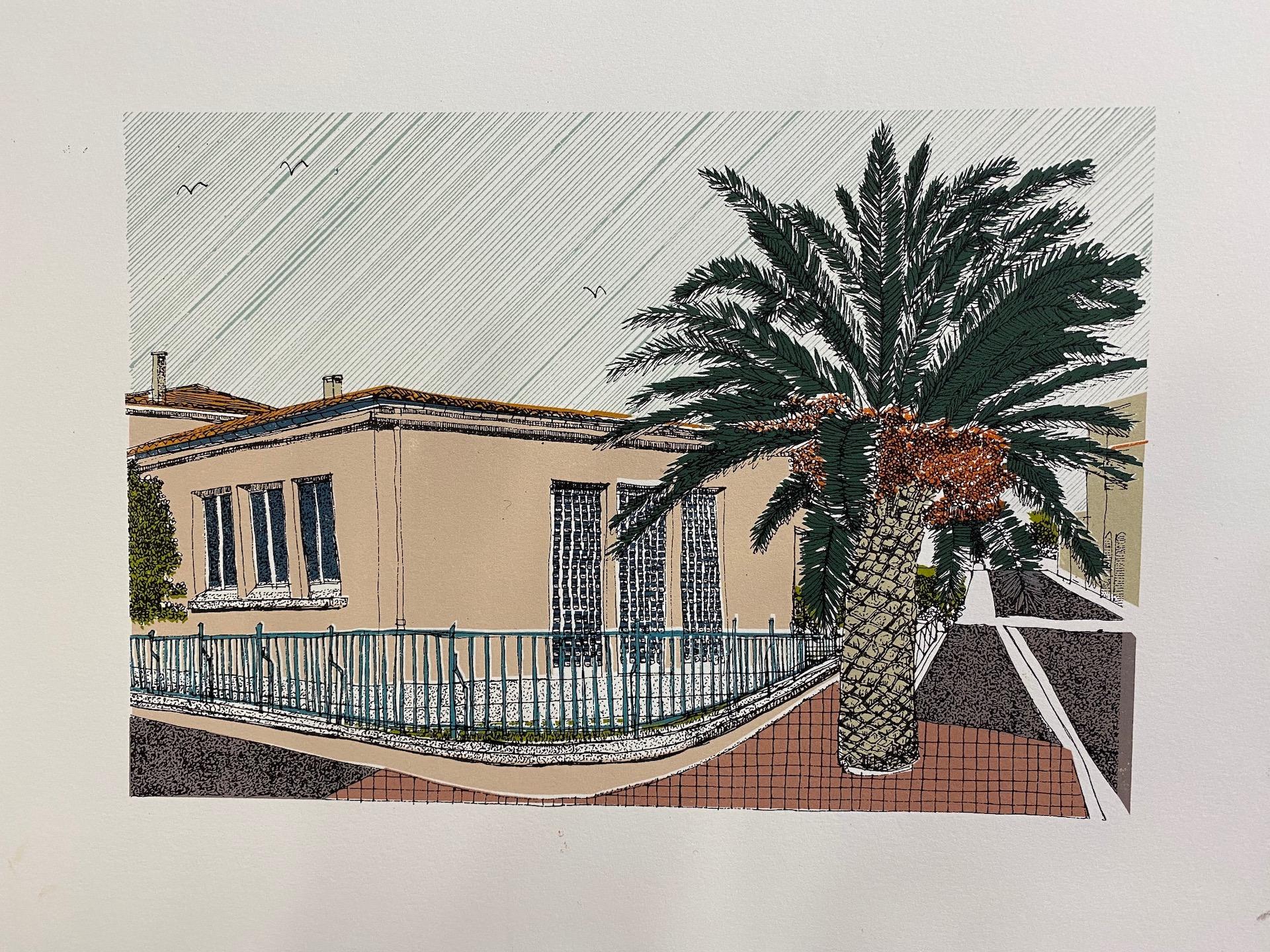 Clare Halifax, Pink House and Palm, La Palme, Limited Edition Architecture Print
