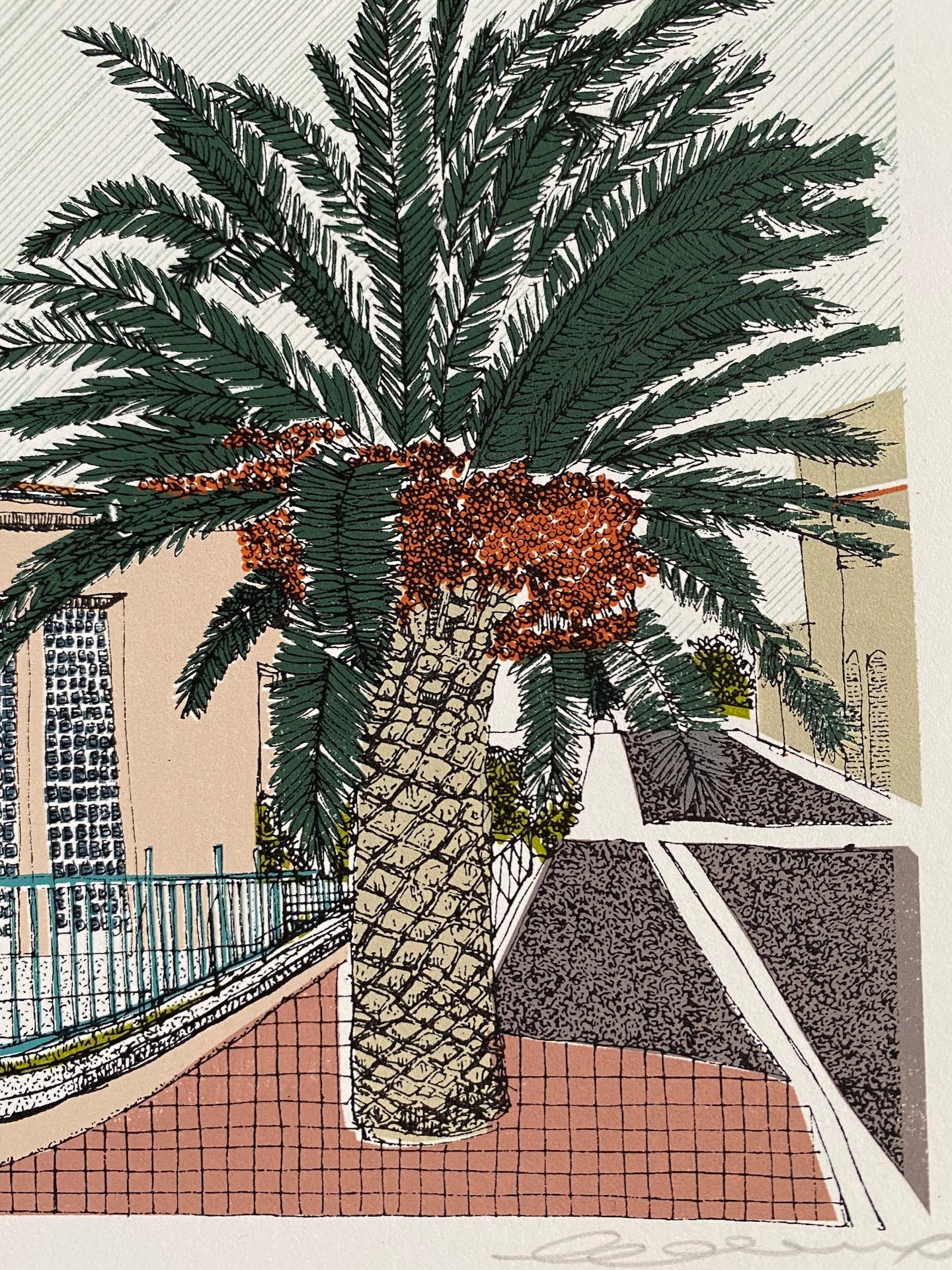 Clare Halifax, Pink House and Palm, La Palme, Limited Edition Architecture Print For Sale 1