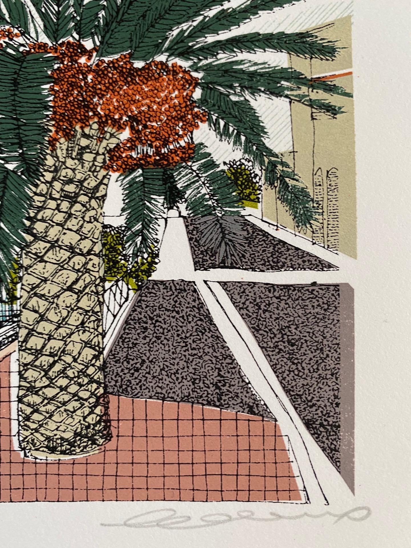 Clare Halifax, Pink House and Palm, La Palme, Limited Edition Architecture Print For Sale 3