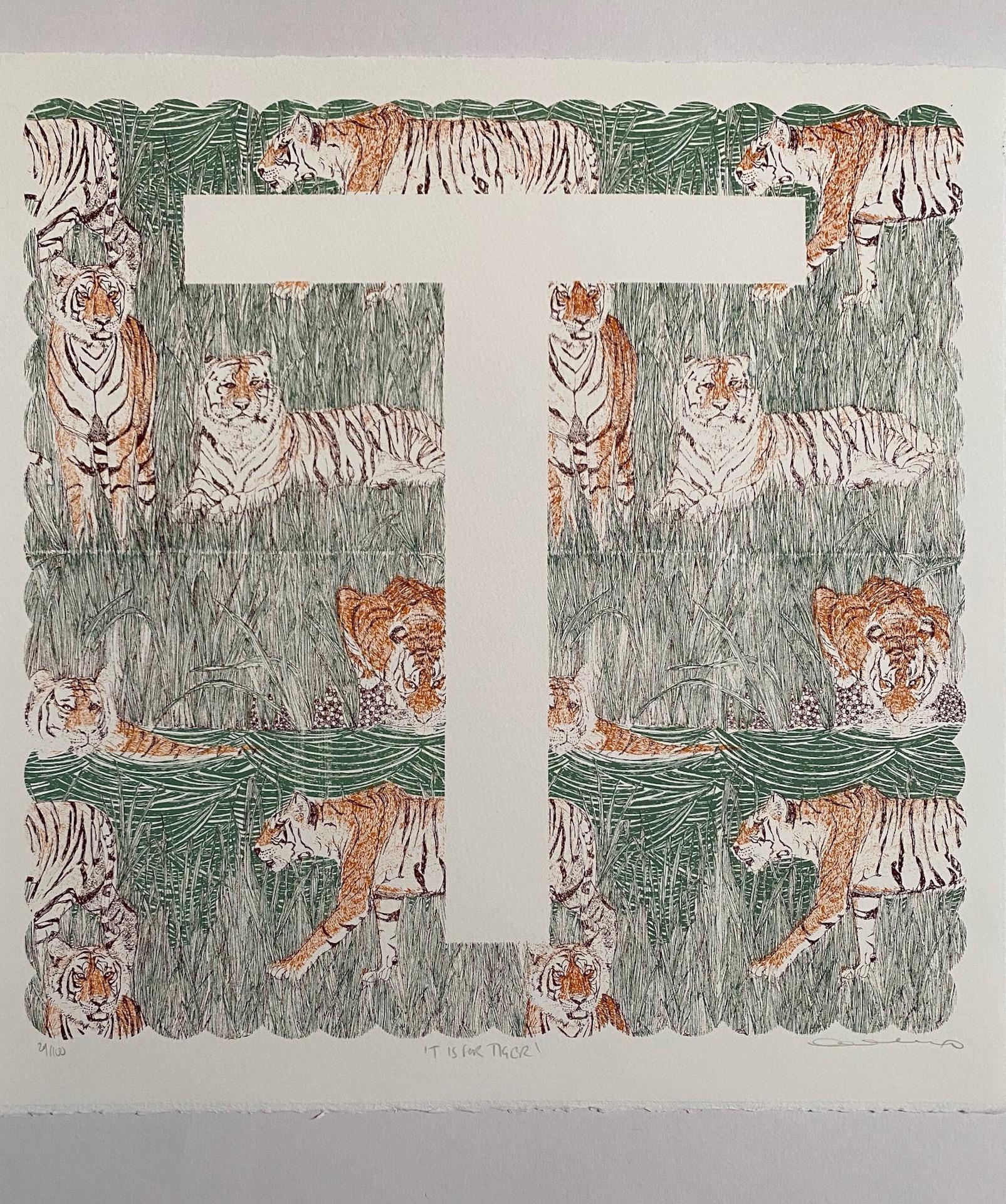 Clare Halifax
T is for Tiger
Limited Edition 3 colour screen print
Edition of 100
Sheet Size: H 38cm x W 37cm x 0.1cm
Sold Unframed
Hand printed by the artist onto somerset satin paper 300gms with deckle edge.
Please Note that in situ images are