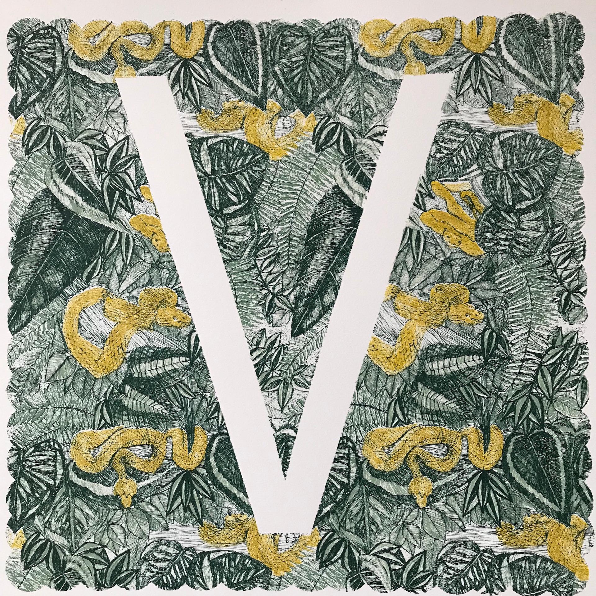 Clare Halifax, V is for Viper, Animal Art, Limitierte Auflage, heller Monogrammdruck