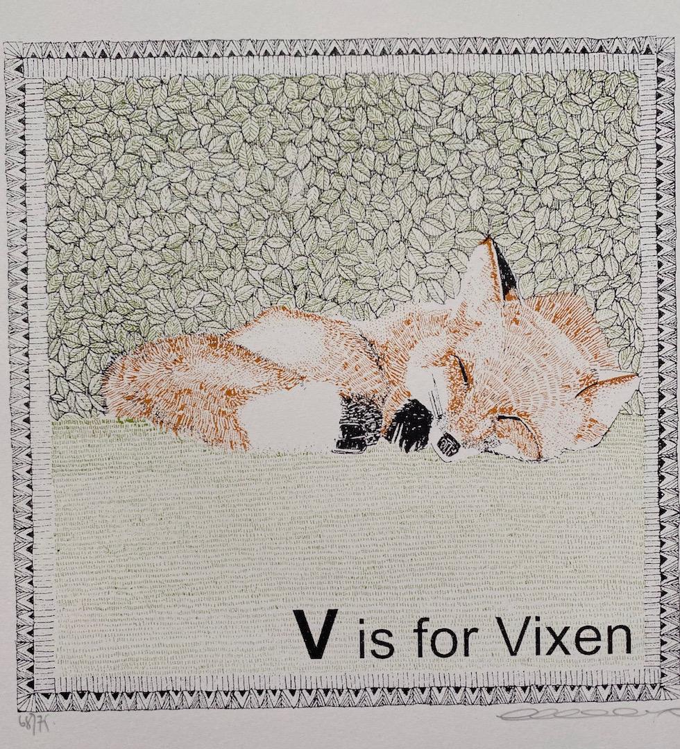 Clare Halifax
V is for Vixen
Limited Edition 3 Colour Silkscreen Print
Edition of 75
Image size H 22 x W 22cm
Sheet Size: H 27 x W 25cm x D 0.1cm
Sold Unframed
Please note that in situ images are purely an indication of how a piece may look.

The