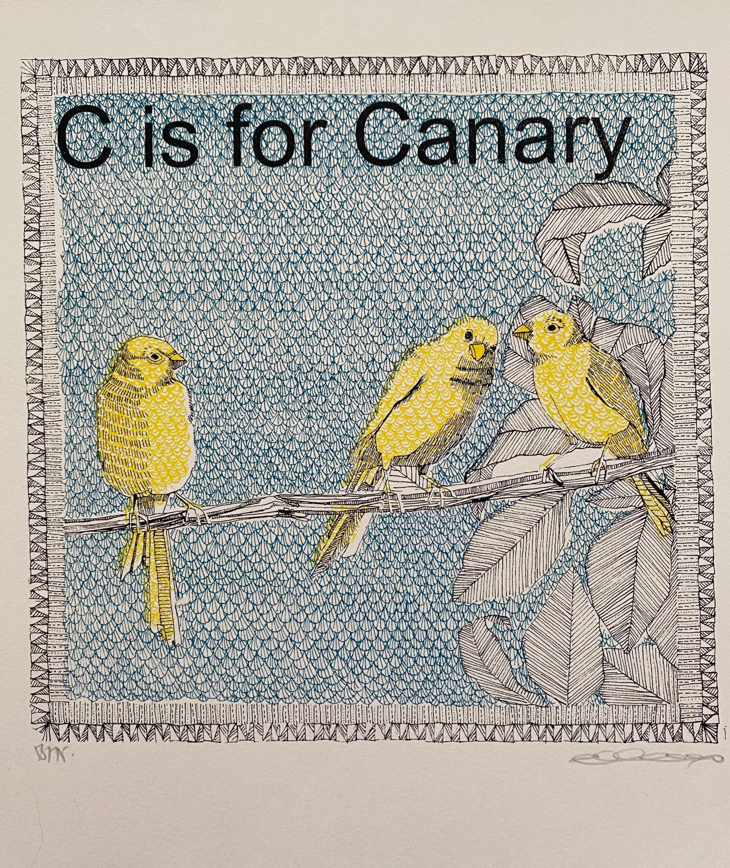 K is for Kingfisher, J is for (Blue) Jay and C Is for Canary triptych - Print by Clare Halifax