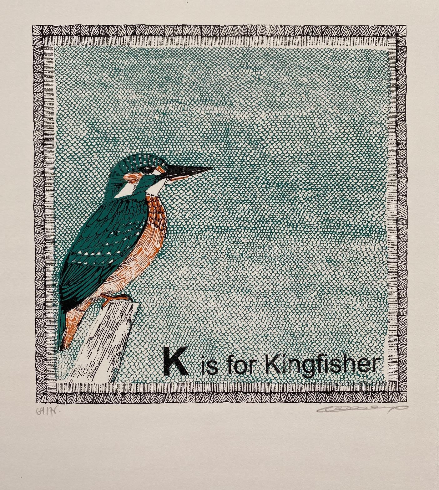 K is for Kingfisher, J is for (Blue) Jay and C Is for Canary triptych - Contemporary Print by Clare Halifax