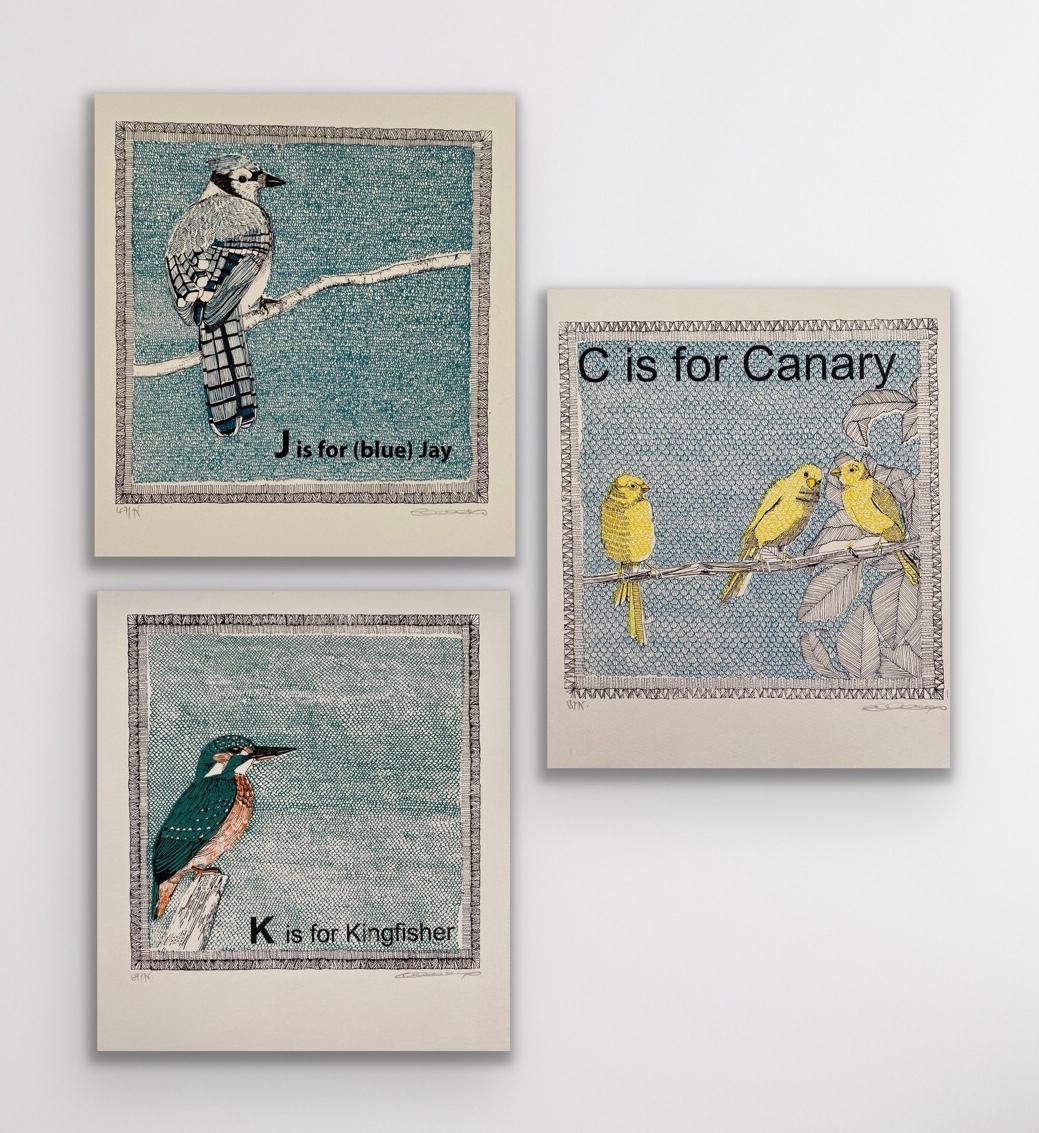Clare Halifax Figurative Print - K is for Kingfisher, J is for (Blue) Jay and C Is for Canary triptych