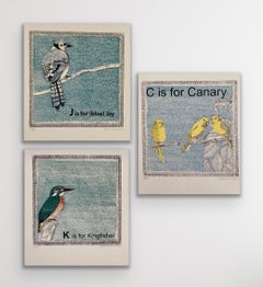 K is for Kingfisher, J is for (Blue) Jay and C Is for Canary triptych