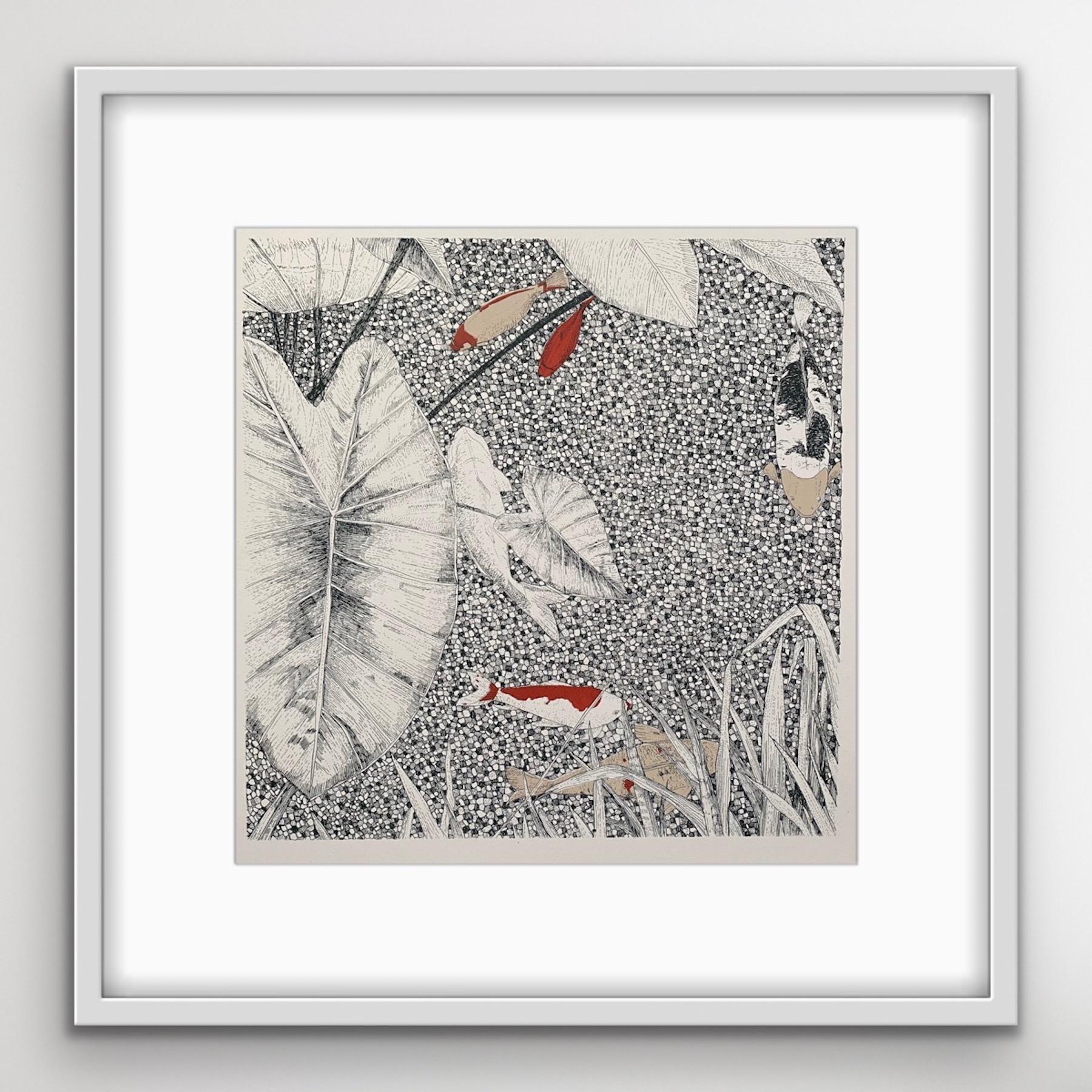3 colour screen print showing the tranquil habitat of aquatic life in a fish pond framed with botanical foliage.Clare Halifax, artist, joins Wychwood Art selling art online and in their art gallery in Deddington. Clare Halifax is offering exclusive