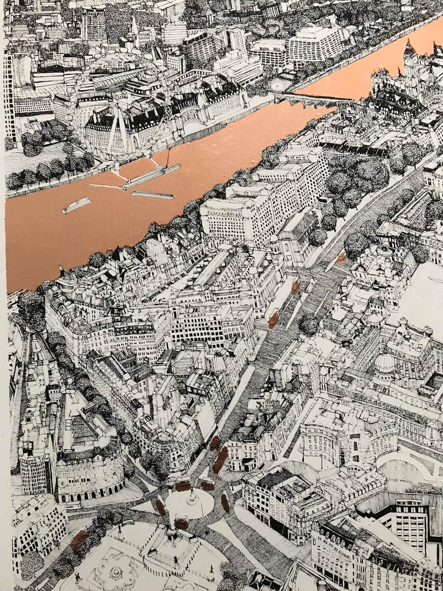 Southbank Shimmer
Clare Halifax
Limited edition print of an aerial view of London encompassing well known locations through a 2 colour screen print with hand gilded copper leaf finish for the thames river running through. Image size 70x70cm, paper