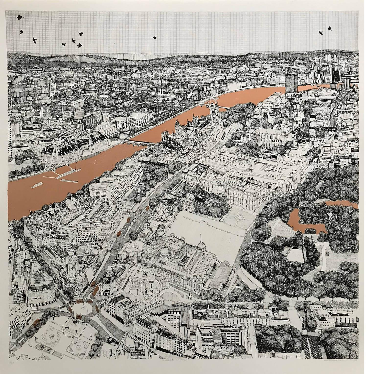 Southbank Shimmer, Stadtlandschaftskunst, erschwingliche Kunst, Druck in limitierter Auflage