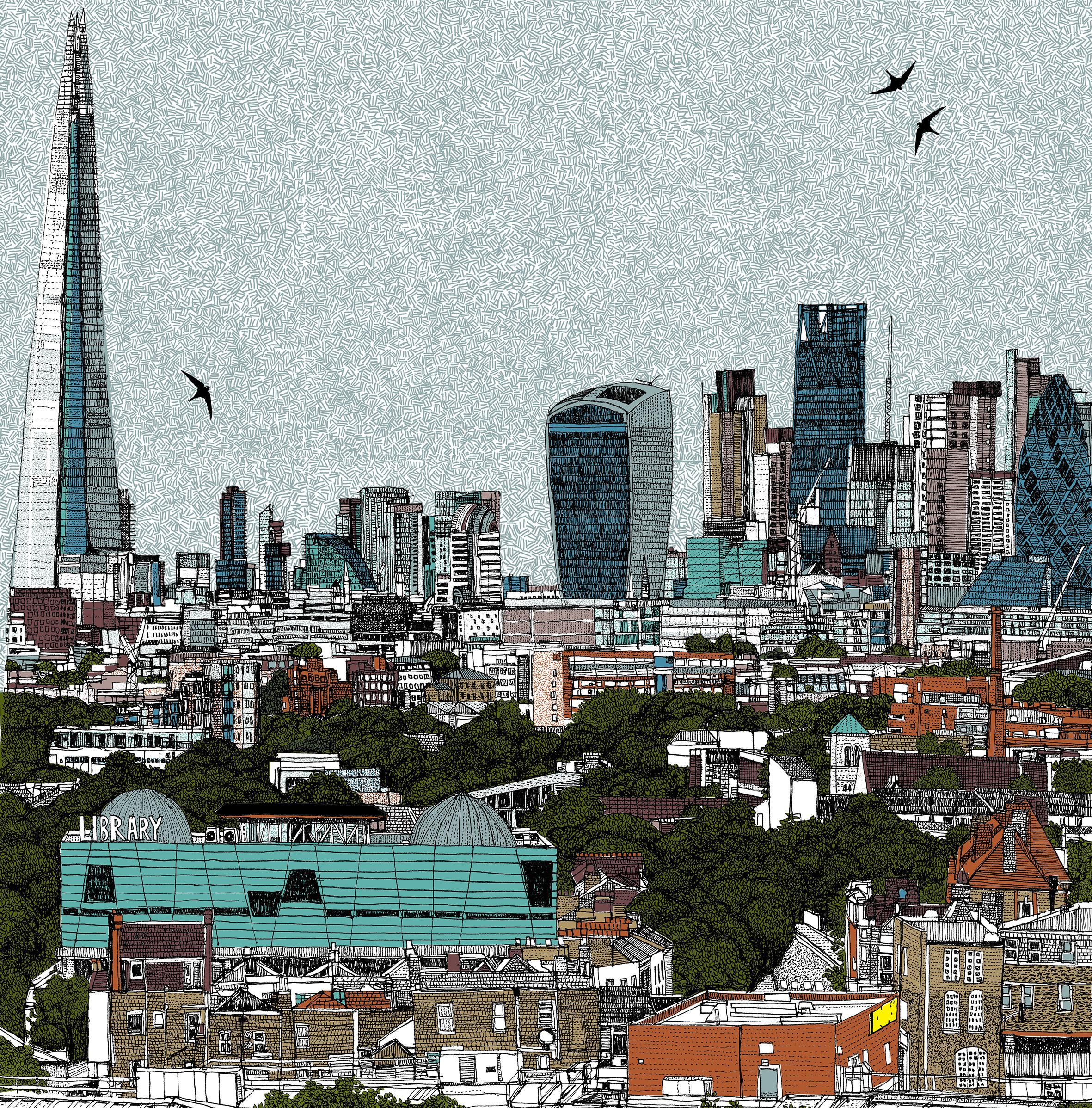 Switch Views, London and Living and Learning in London - Gray Figurative Print by Clare Halifax