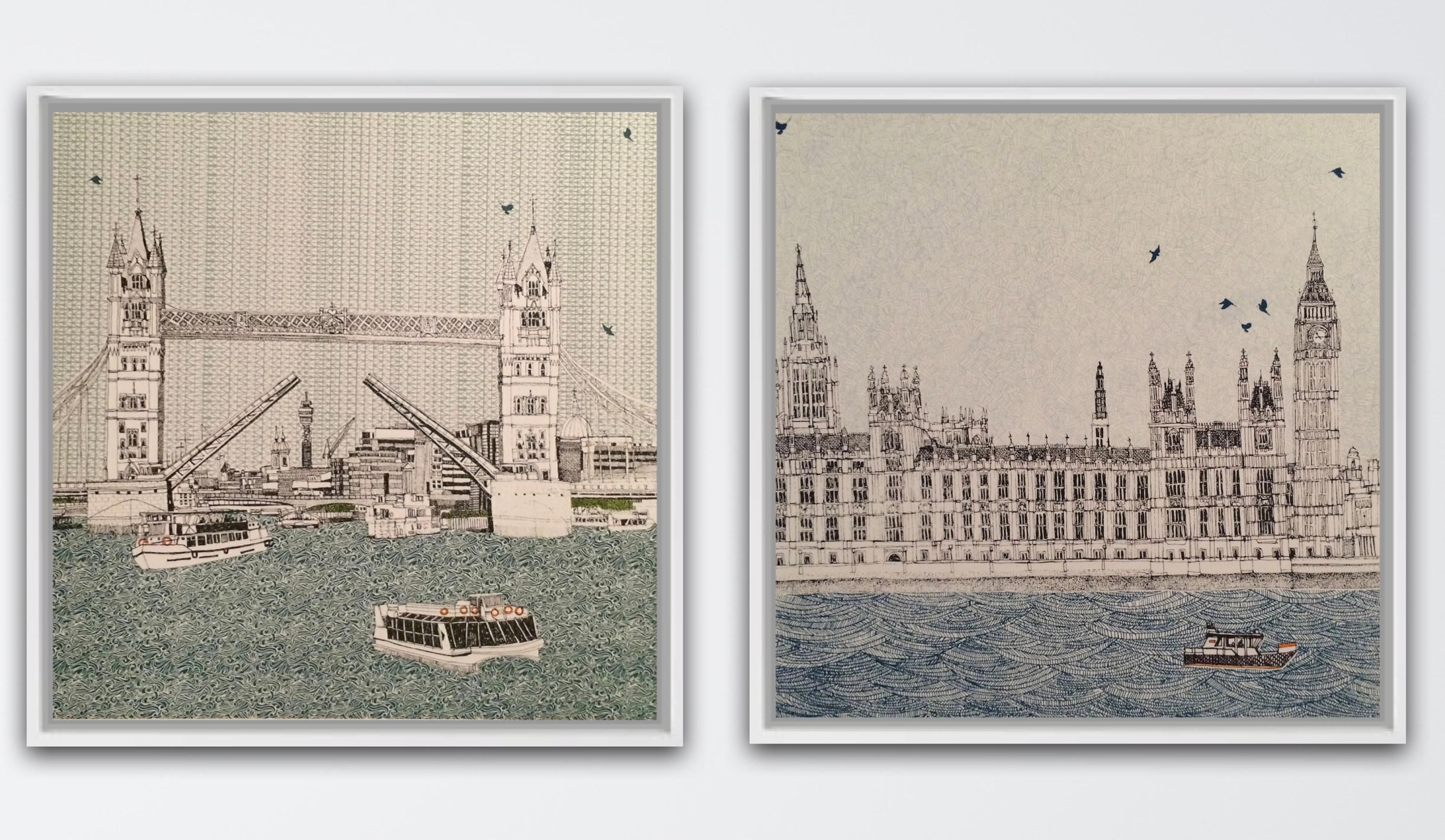 Clare Halifax Figurative Print - Tower Bridge and Waves at Westminster diptych