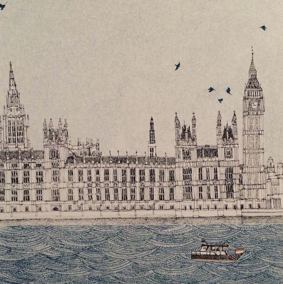 Tower Bridge and Waves at Westminster Diptychon, limitierte Auflage, Stadtbilddruck (Zeitgenössisch), Print, von Clare Halifax