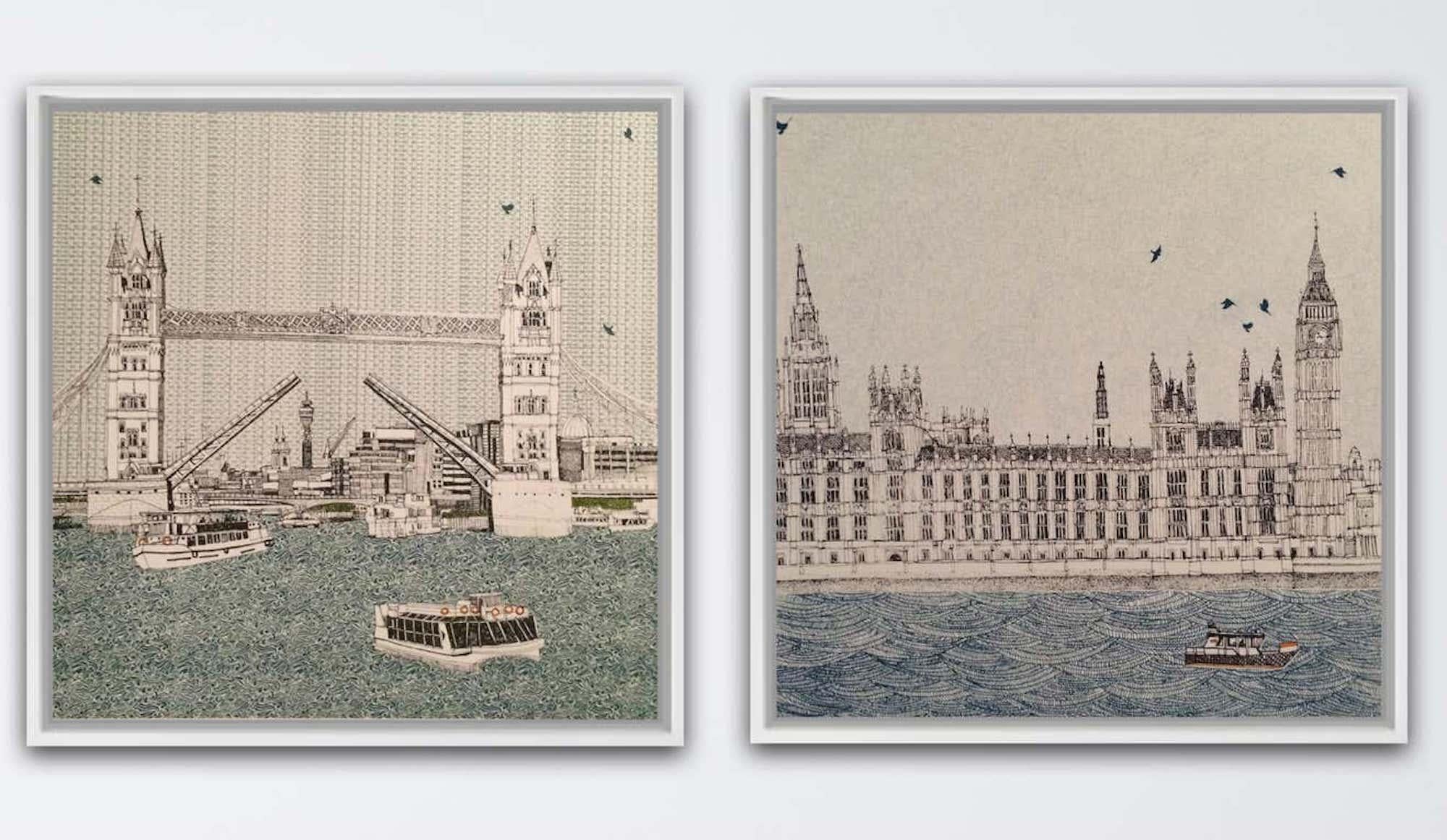 Clare Halifax Print – Tower Bridge and Waves at Westminster Diptychon, limitierte Auflage, Stadtbilddruck