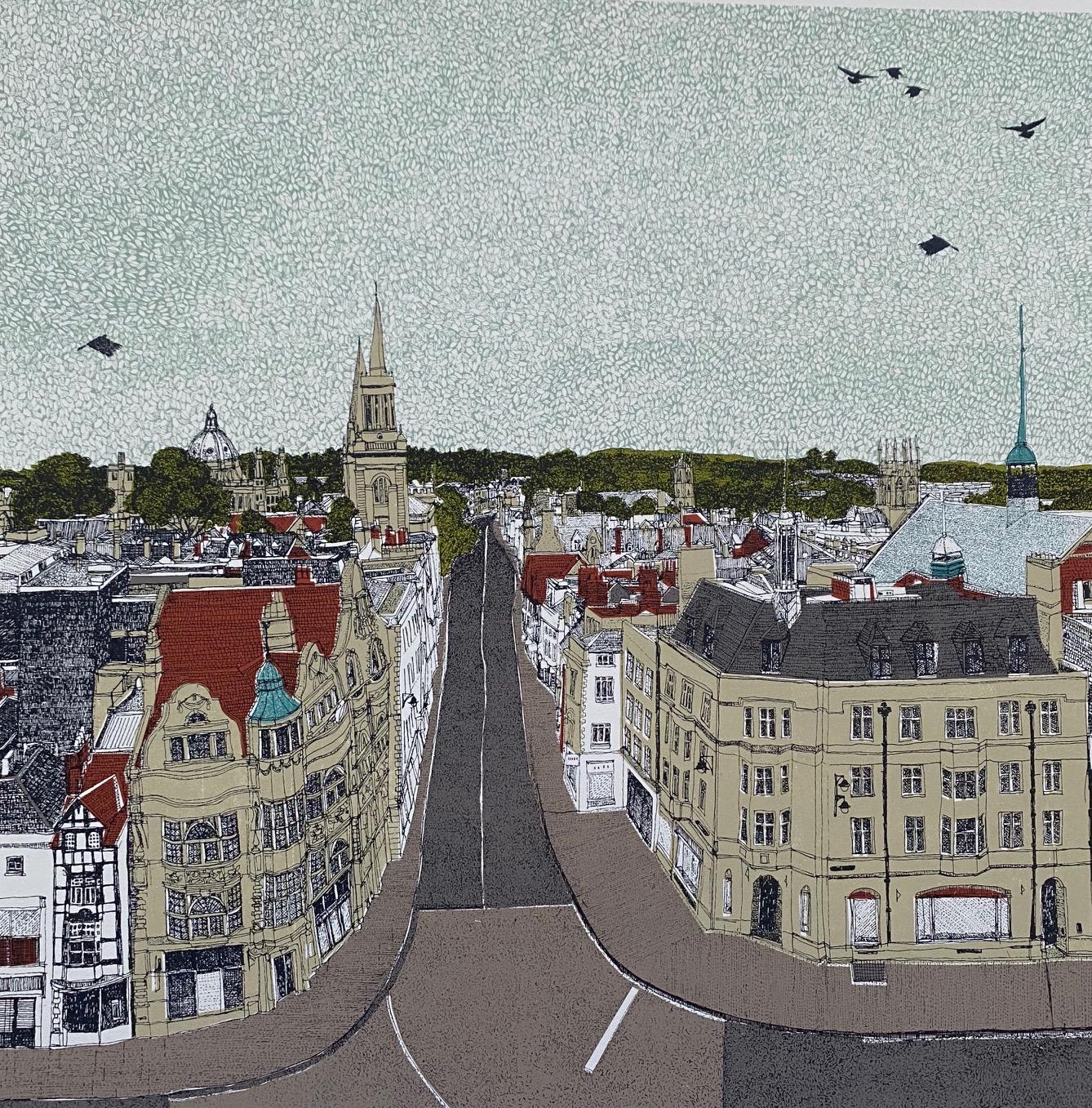 Clare Halifax Landscape Print - View From Carfax Tower, Oxford BY CLARE HALIFAX, Bright Art, Limited Edition Art