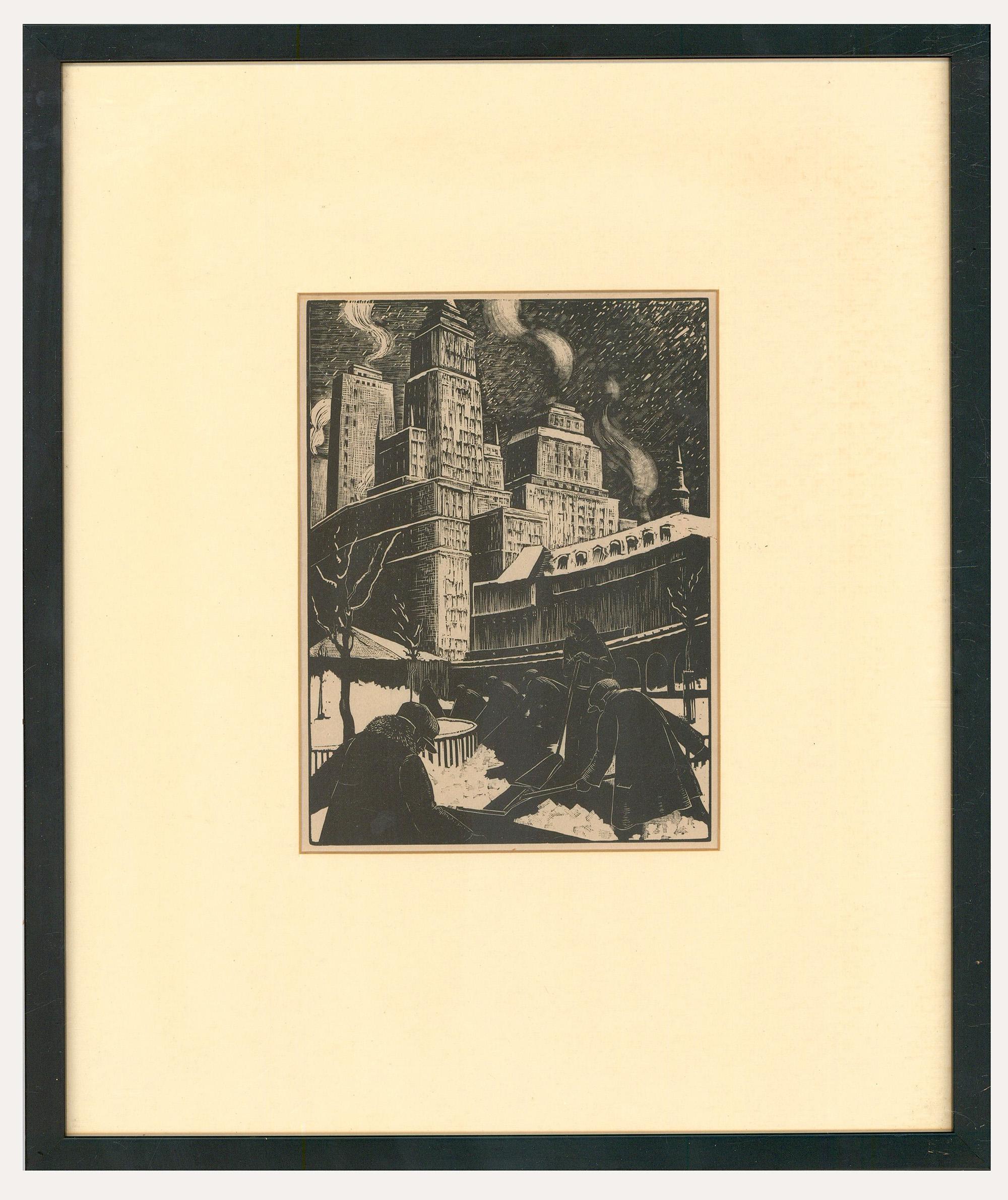 A striking illustrative print by the collectable English/American artist Clare Leighton (1898-1989). Taken from the artist's original woodblock series and printed for publication. Smartly mount in a fine black frame. Unsigned. On paper.