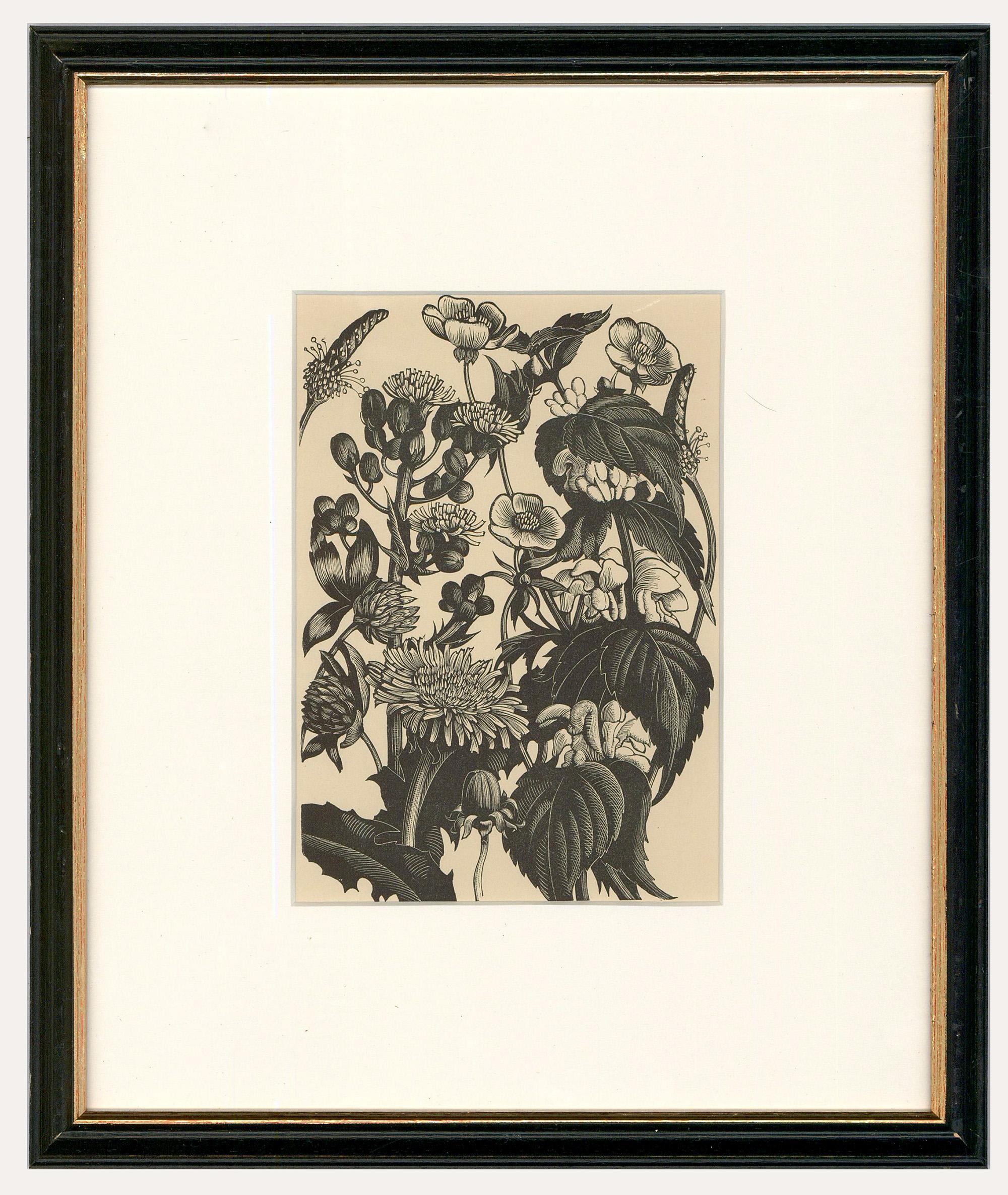 Ein exquisiter Schwarz-Weiß-Holzstich des englischen/amerikanischen Künstlers Clare Leighton (1898-1989). Präsentiert in einem schönen schwarzen Rahmen mit Vergoldung. Nicht signiert. Auf dem Papier. 

