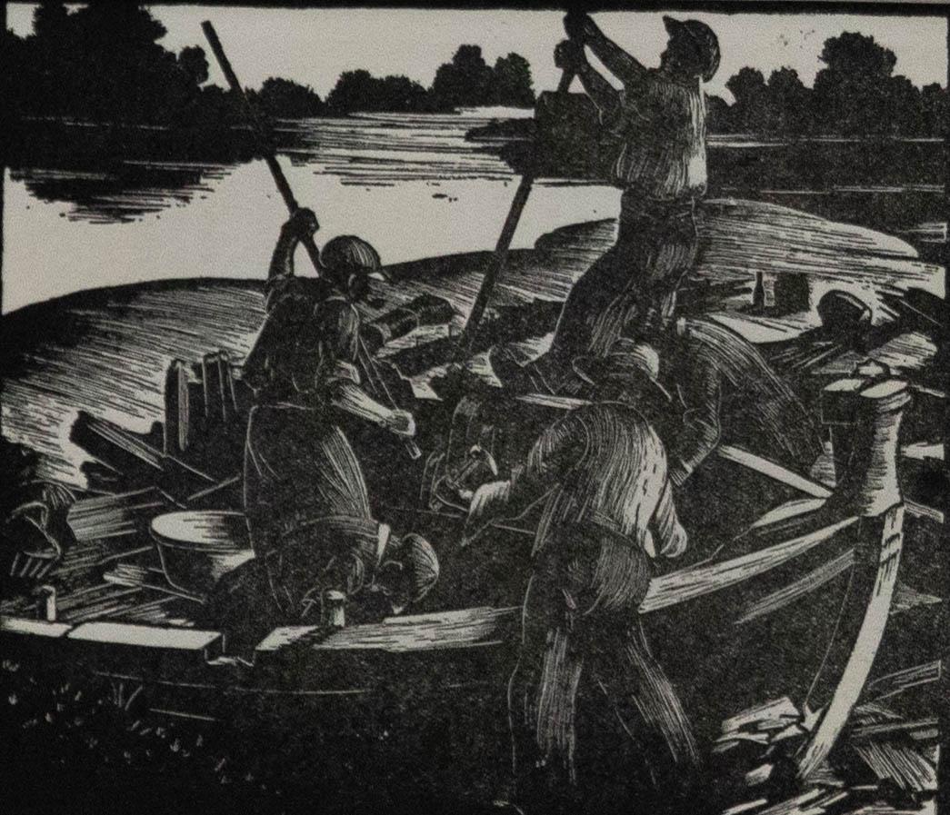 Clare Leighton (1898-1989) - Gerahmte Holzgravur, Männer, die einen Barge zerbrechen im Angebot 1