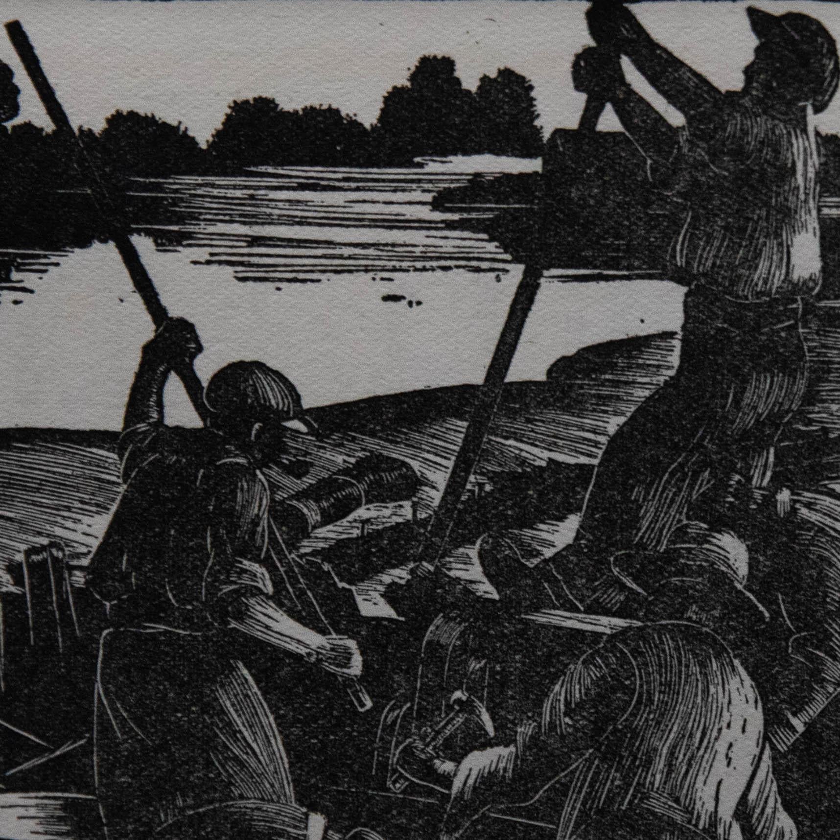 Clare Leighton (1898-1989) - Framed Wood Engraving, Men Breaking up a Barge For Sale 3