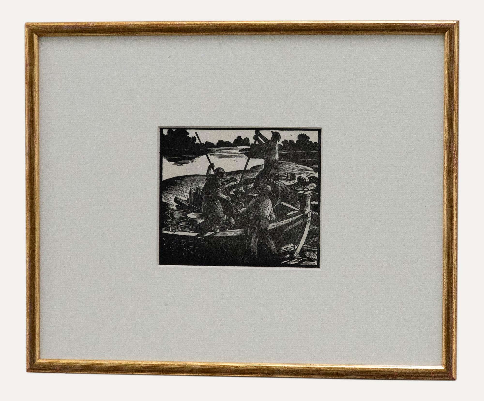 Ein exquisiter Schwarz-Weiß-Holzstich des englischen/amerikanischen Künstlers Clare Leighton (1898-1989). Präsentiert in einem feinen Rahmen mit Goldeffekt. Nicht signiert. Auf dem Papier. 