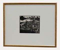 Antique Clare Leighton (1898-1989) - Framed Wood Engraving, Men Breaking up a Barge