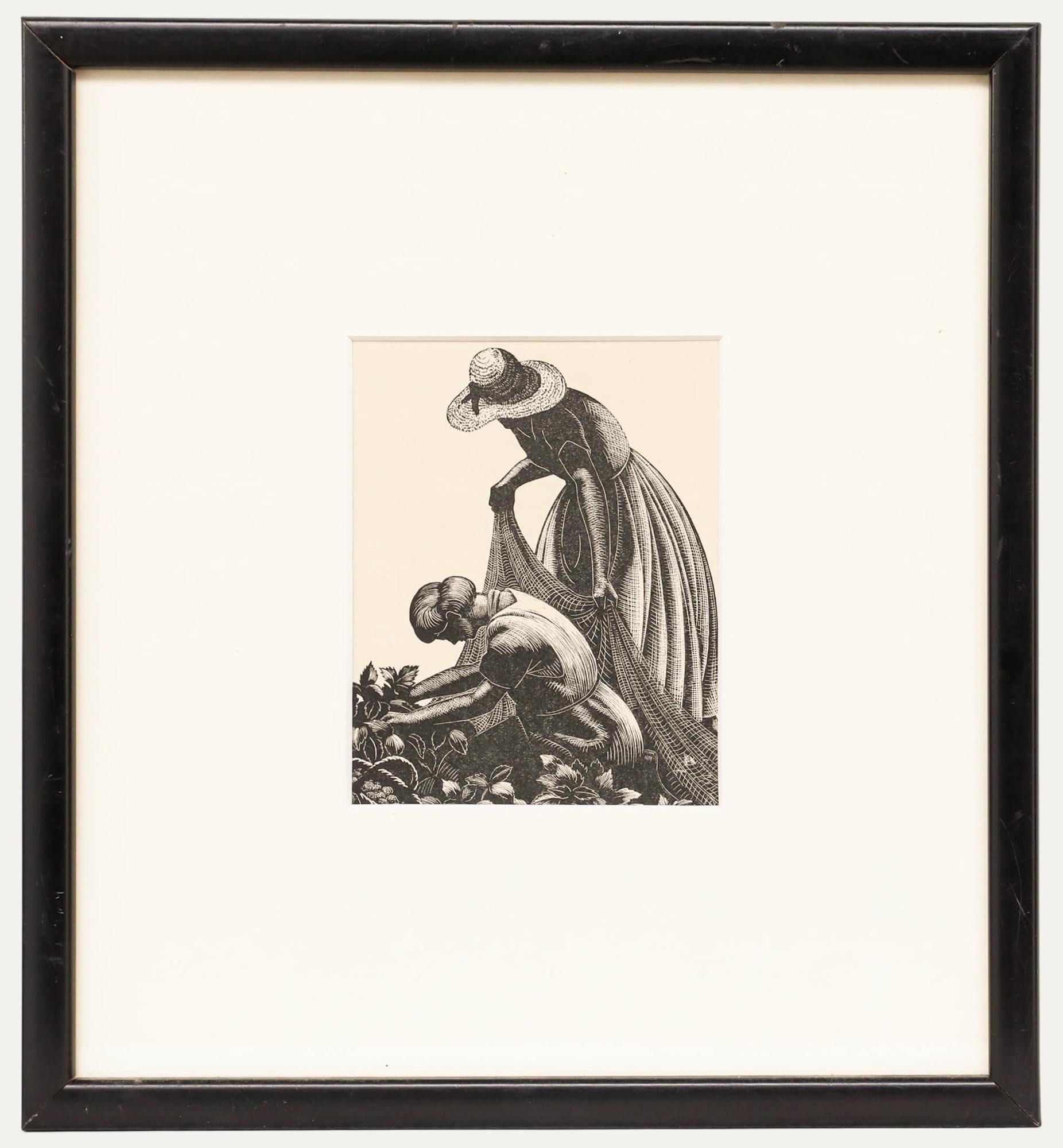Ein exquisiter Schwarz-Weiß-Holzstich des englischen/amerikanischen Künstlers Clare Leighton (1898-1989). Nicht signiert. Elegant montiert in einem schönen schwarzen Rahmen. Auf dem Papier. 