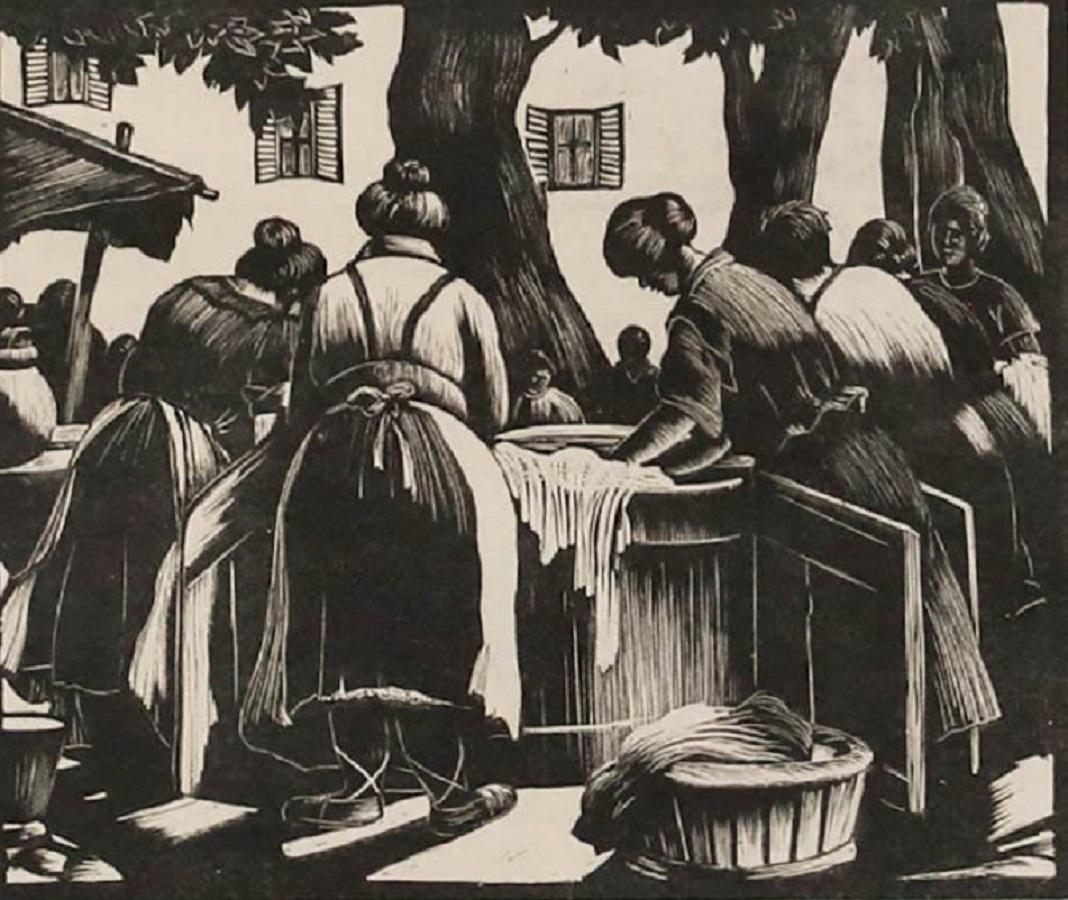 Clare Leighton (1898-1989) - Gravure sur bois signée du milieu du 20e siècle, Lavandières de Toulon en vente 1