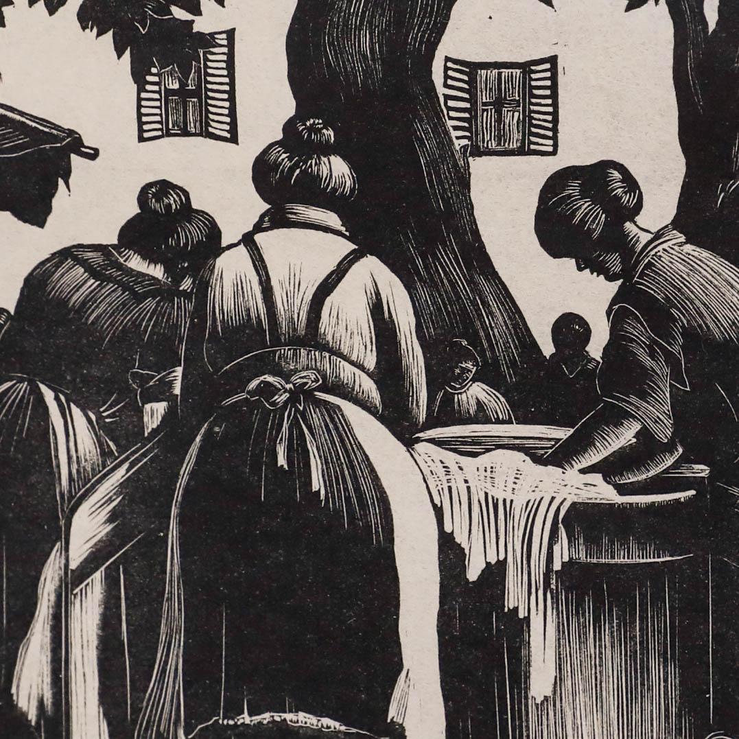 Clare Leighton (1898-1989) - Gravure sur bois signée du milieu du 20e siècle, Lavandières de Toulon en vente 3