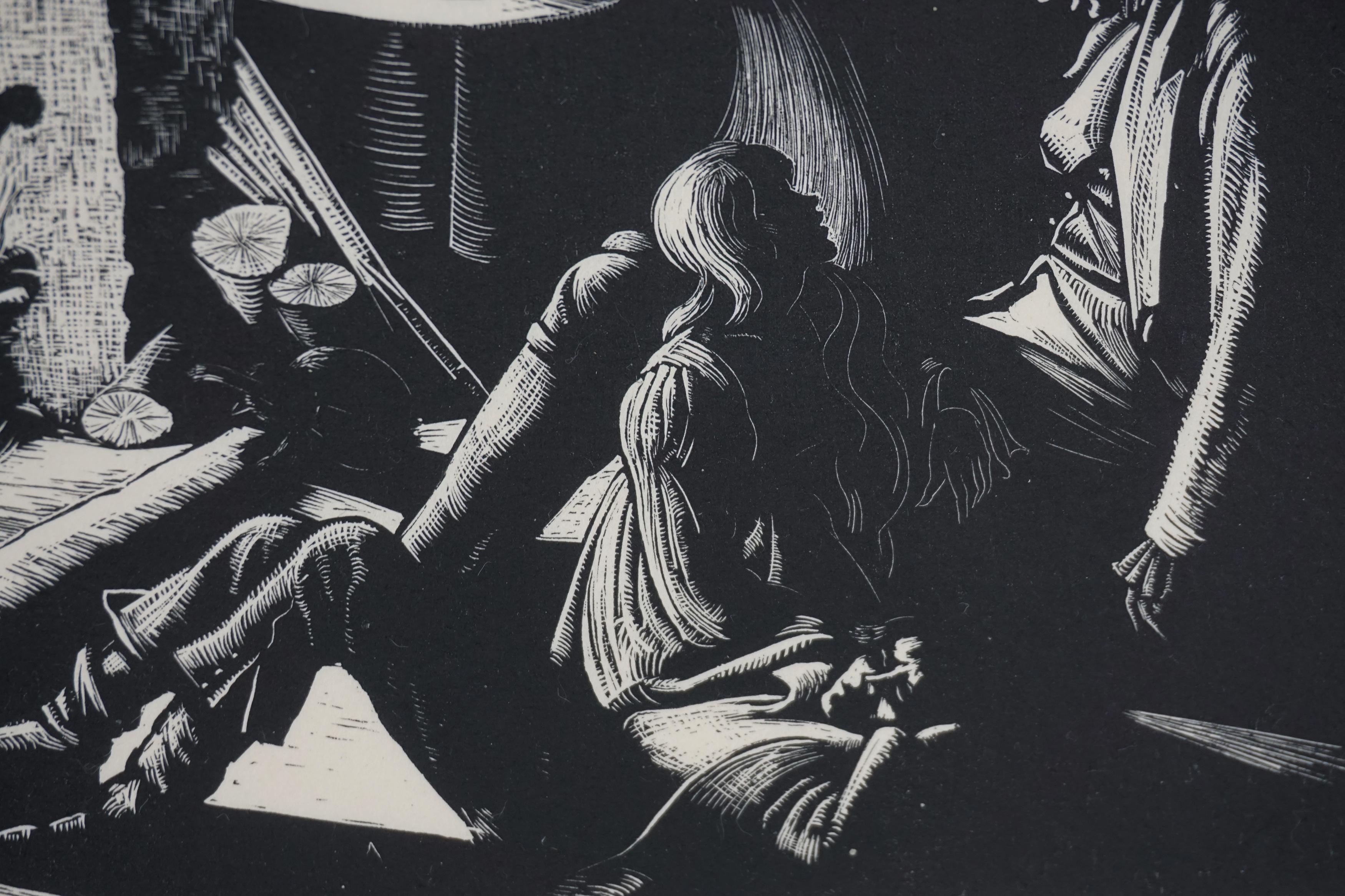 Peinture sur bois de genre Wuthering Heights du début du 20e siècle - Mort d'une auréole n° 28/30 - Noir Figurative Print par Clare Leighton