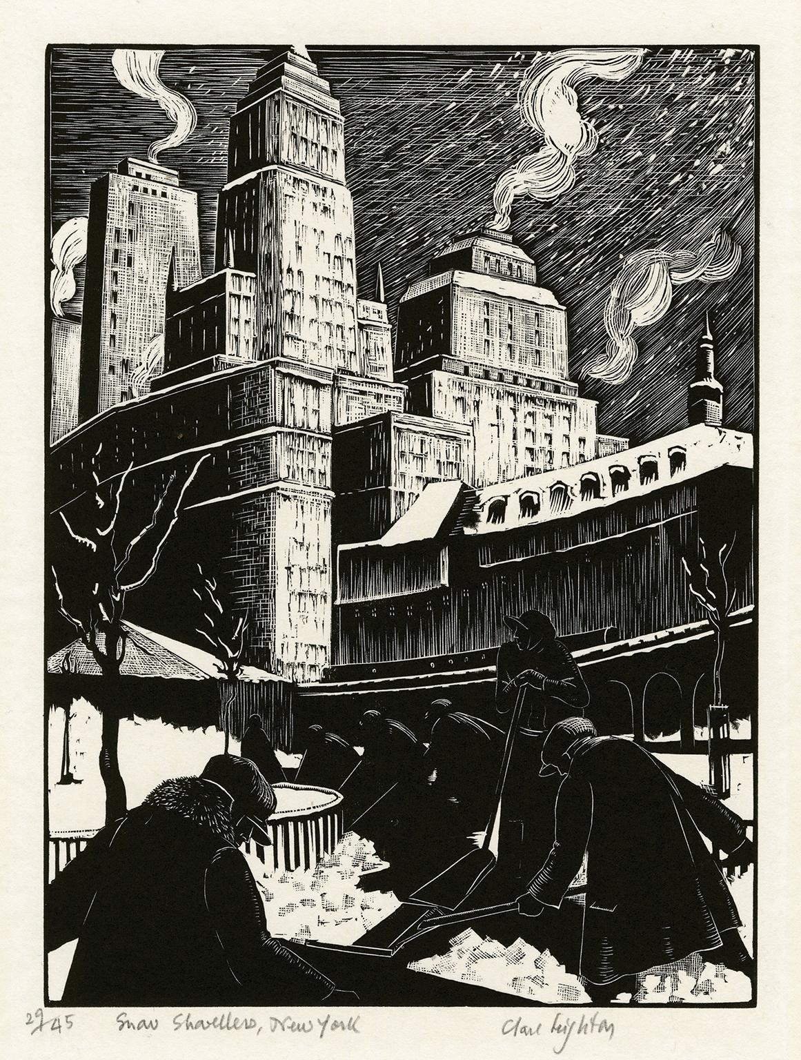 Clare Leighton Figurative Print - 'Snow Shovellers, New York' — American Modernism