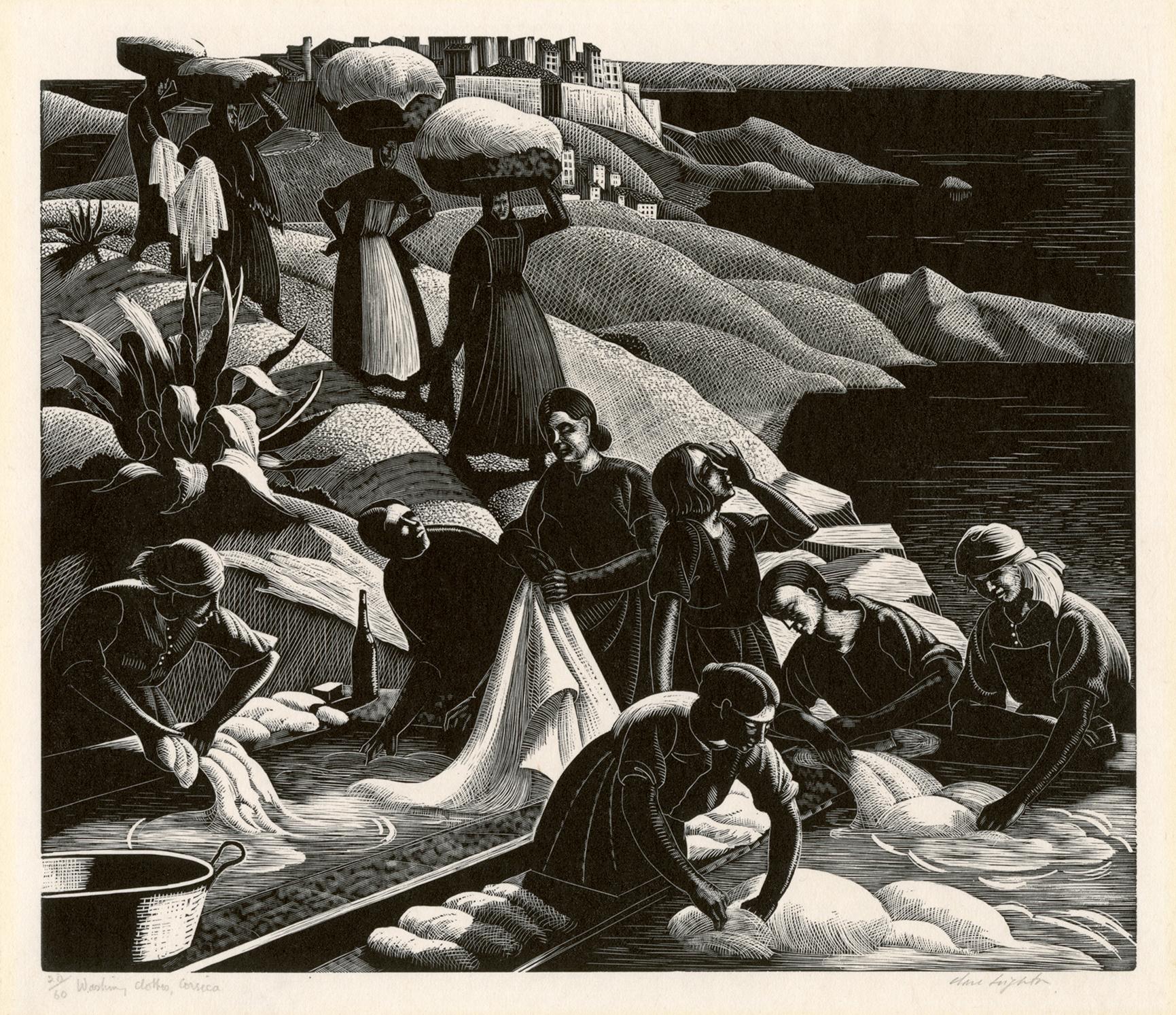 « Laver le linge, Corse » — 1re édition, gravure sur bois moderniste signée