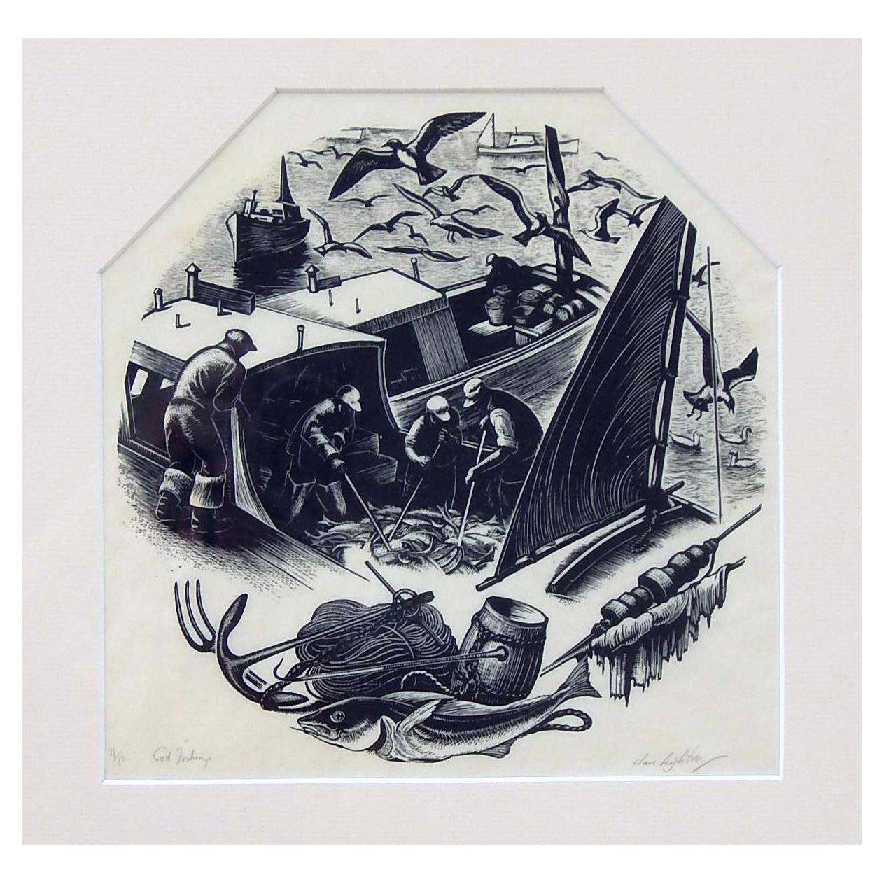 Clare Leighton Connecticut Artist, Wood Engraving for Wedgewood "Cod Fishing" For Sale