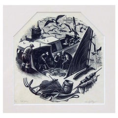 Retro Clare Leighton Connecticut Artist, Wood Engraving for Wedgewood "Cod Fishing"