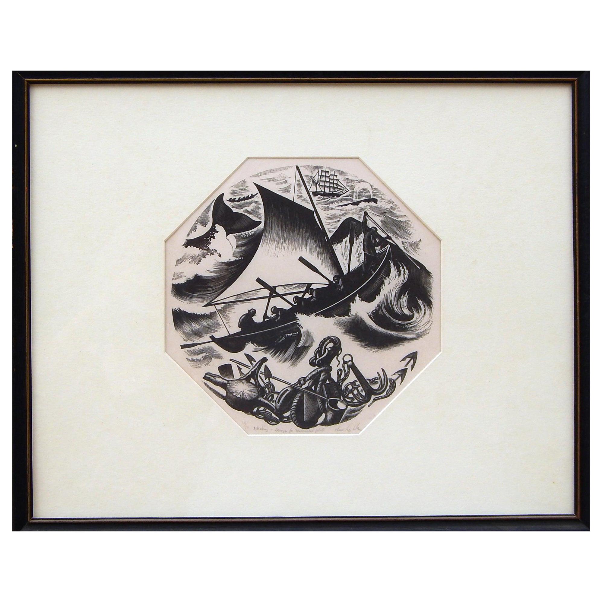 Clare Leighton Wood Engraving, Design for Wedgewood Titled "Whaling"