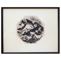 Gravur aus Holz von Clare Leighton, entworfen für Wedgewood mit dem Titel „Whaling“