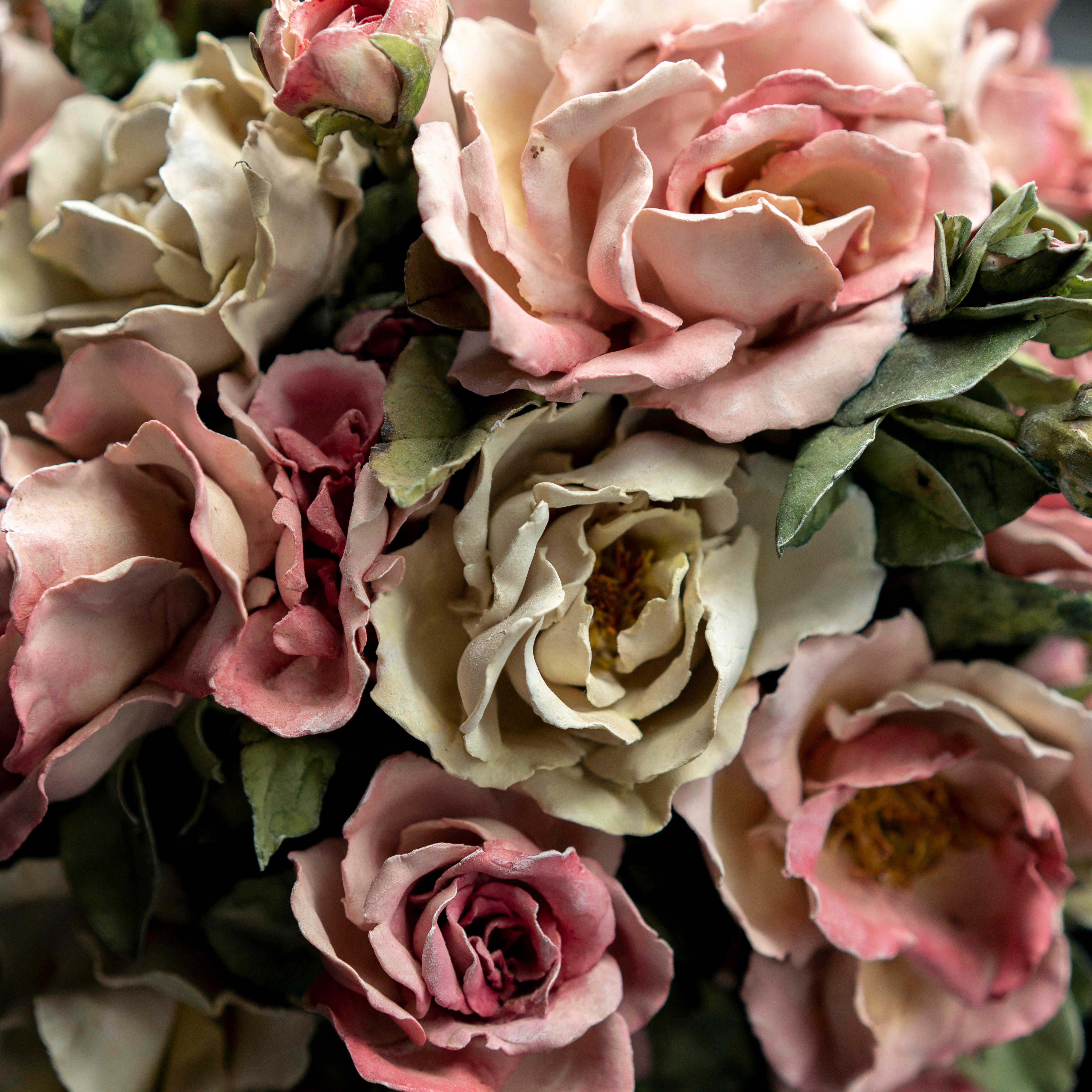 North American Clare Potter Porcelain Basket with Pink and Cream Roses