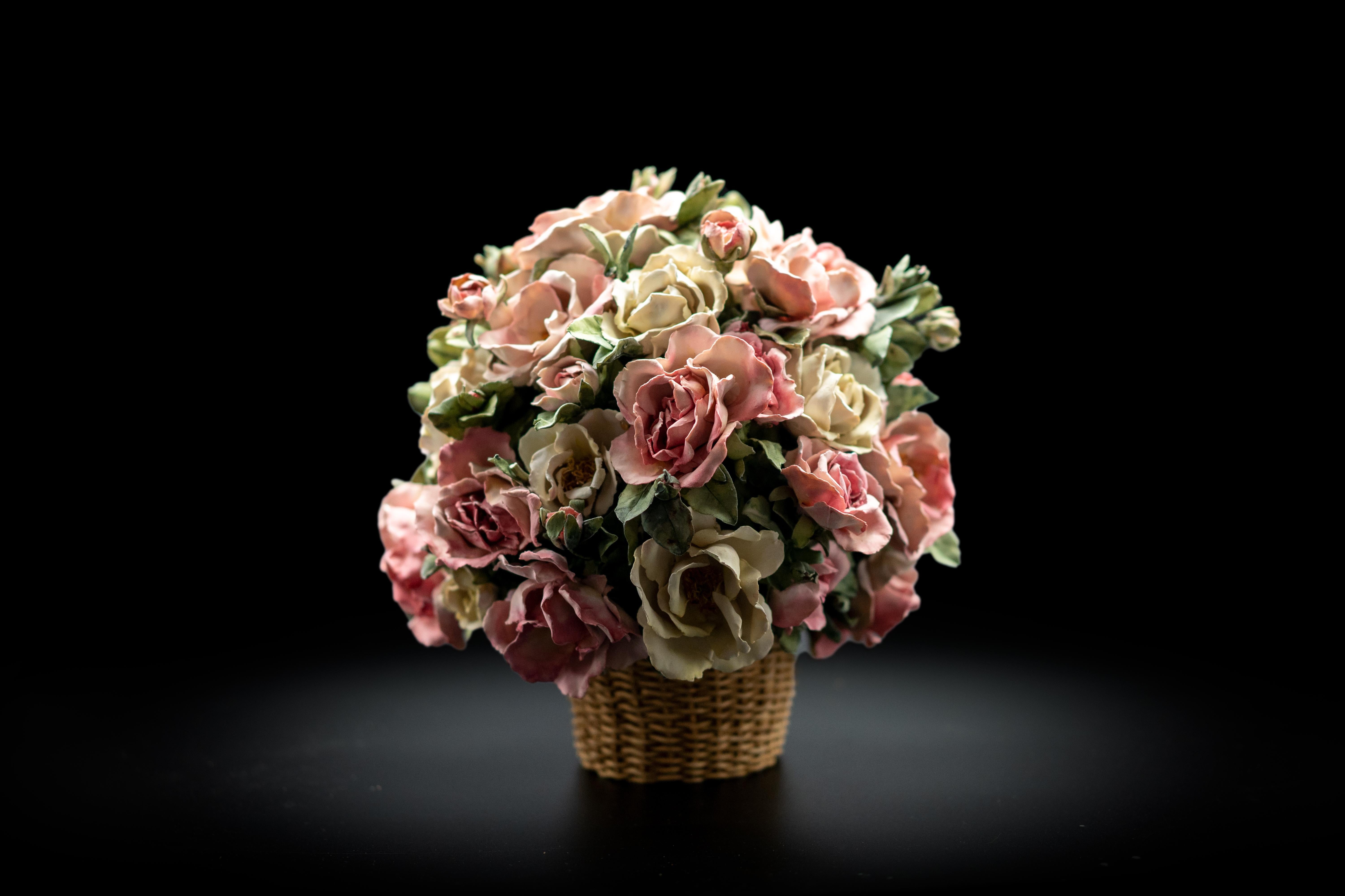 Clare Potter Porcelain Basket with Pink and Cream Roses In Fair Condition In New York, NY