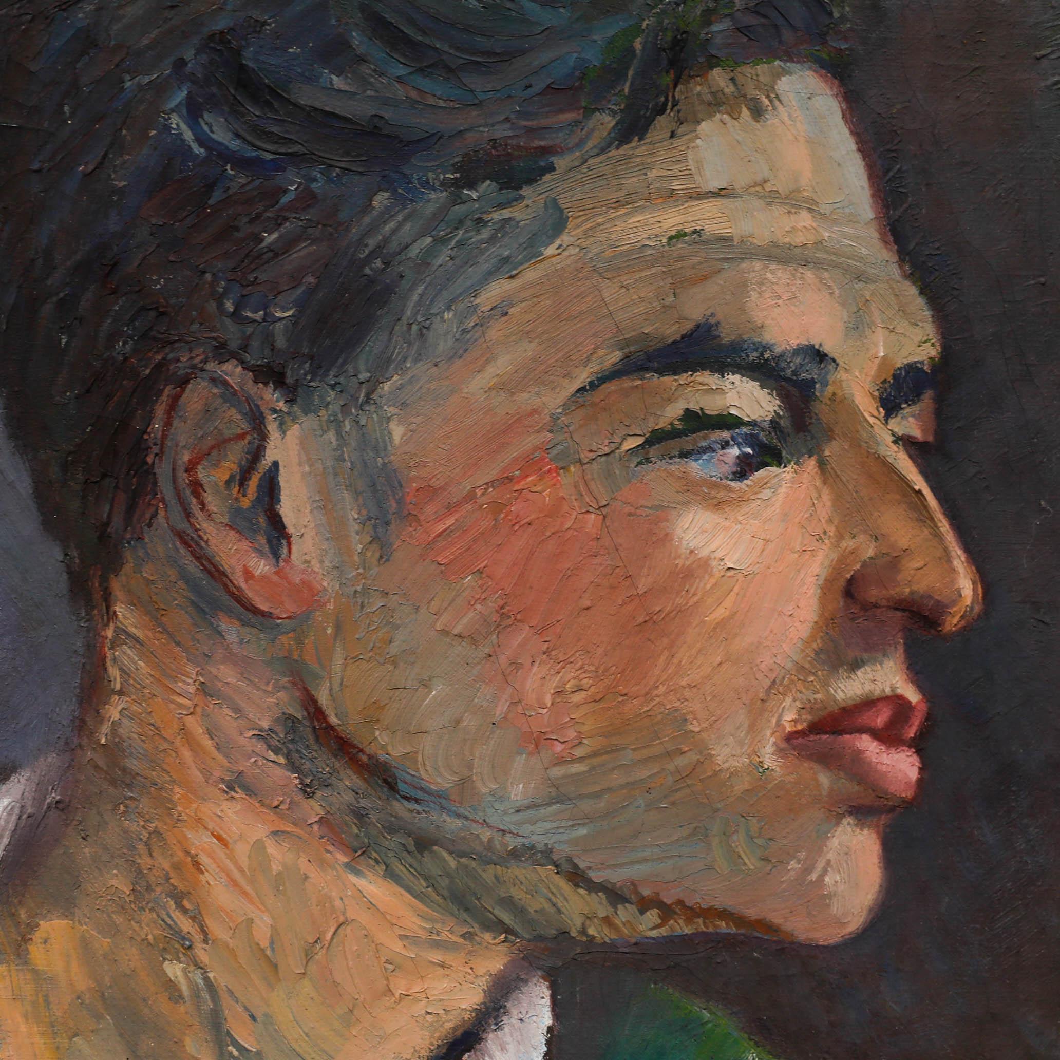 A dynamic portrait study of a young man in profile, captured in gestural brushstrokes and a rich palette.

Unsigned. Presented in a gilt frame. On canvas. 