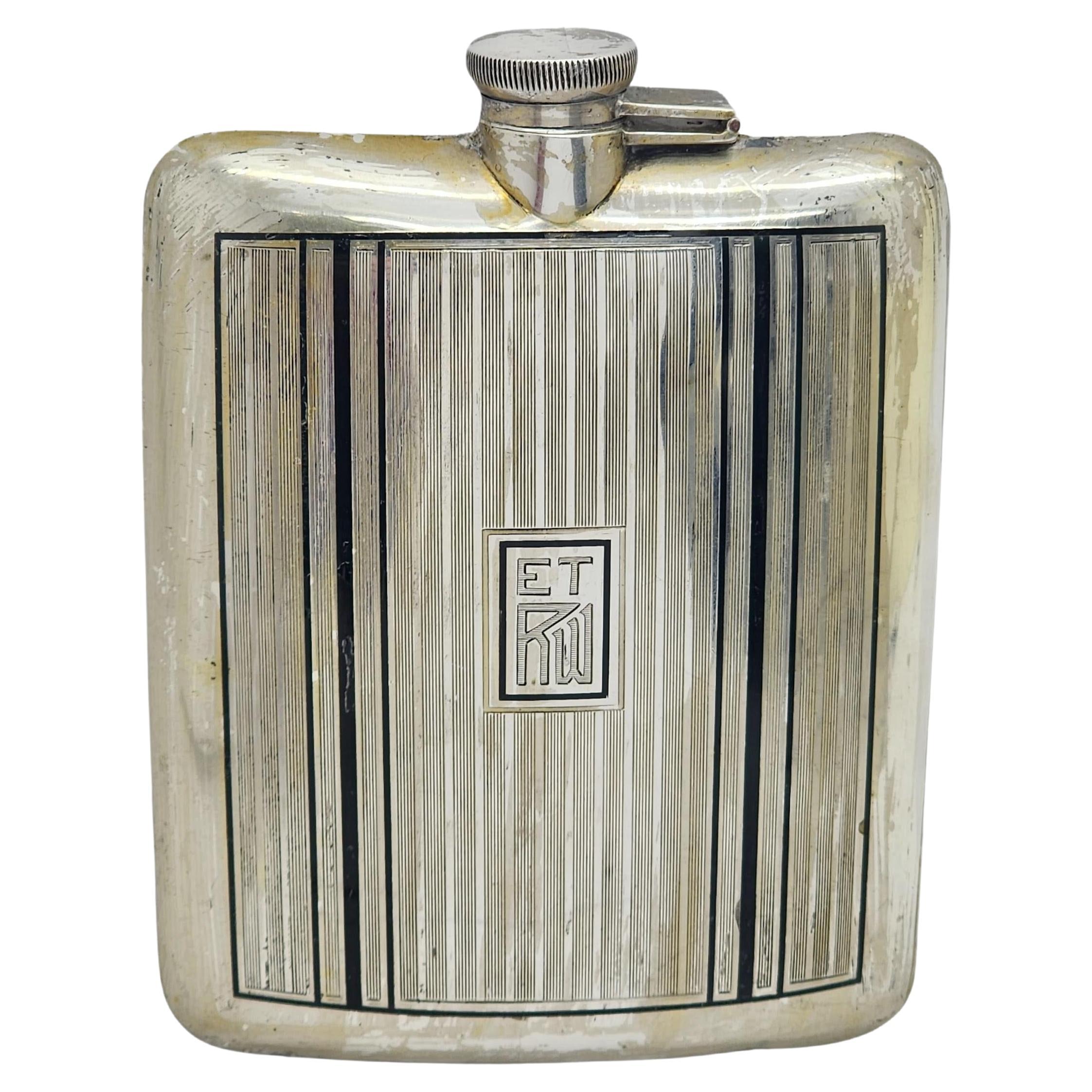 Clarence A Vanderbilt Sterling Silver Black Enamel Hip Flask w/Mono #15756