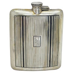 Clarence A Vanderbilt Sterling Silver Black Enamel Hip Flask w/Mono #15756