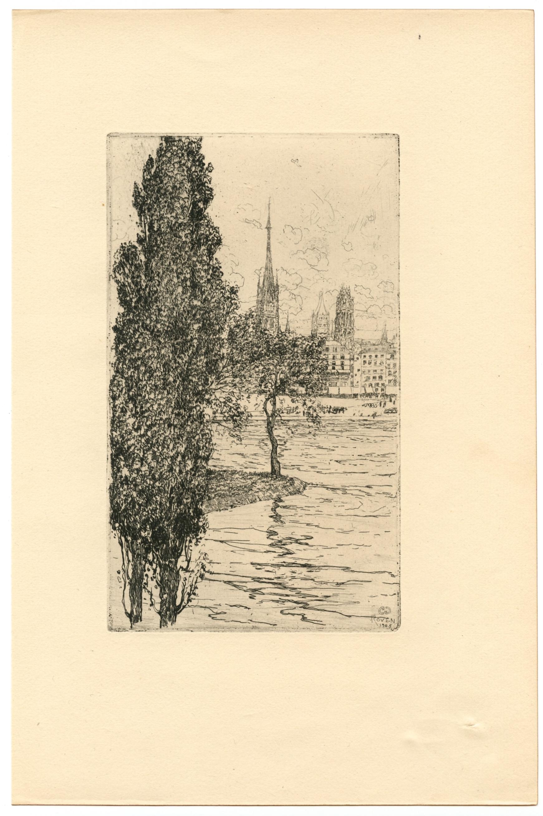 "Vue de Rouen" original etching - Print by Clarence Alphonse Gagnon