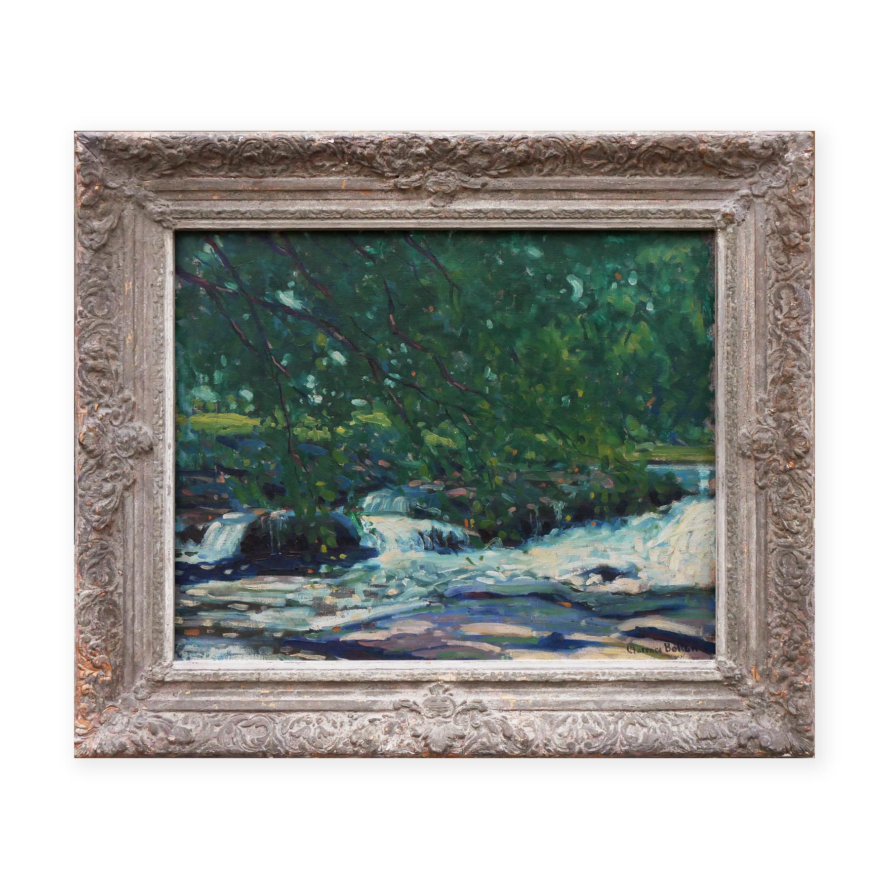 Green and blue abstract impressionist waterscape by artist Clarence Bolton. The piece depicts a brook with clear, flowing water. The piece is signed by the artist at the bottom right. Framed in a beautifully carved frame.

Dimensions Without Frame: