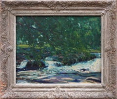 « The Brook », peinture de paysage impressionniste abstraite verte et bleue
