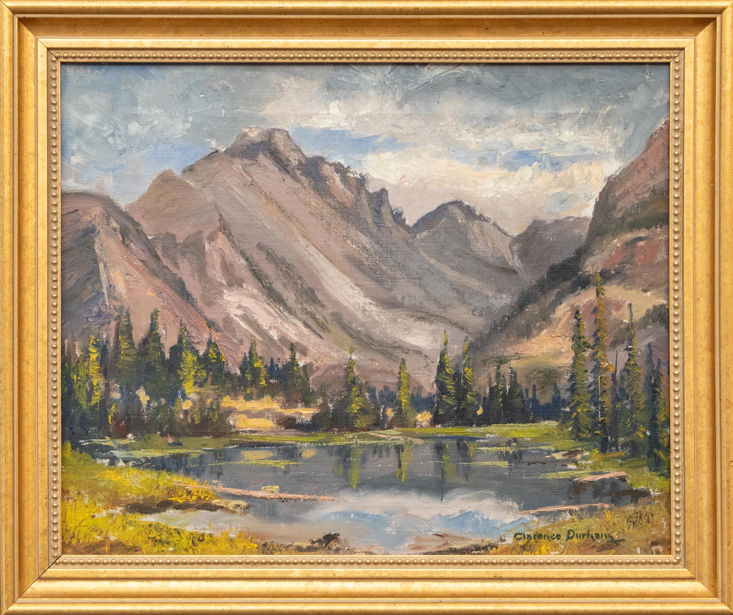 Lac Jenny, Estes Park - 1950s Mid-Century Rocky Mountain Landscape Oil Painting - Marron Landscape Painting par Clarence Durham