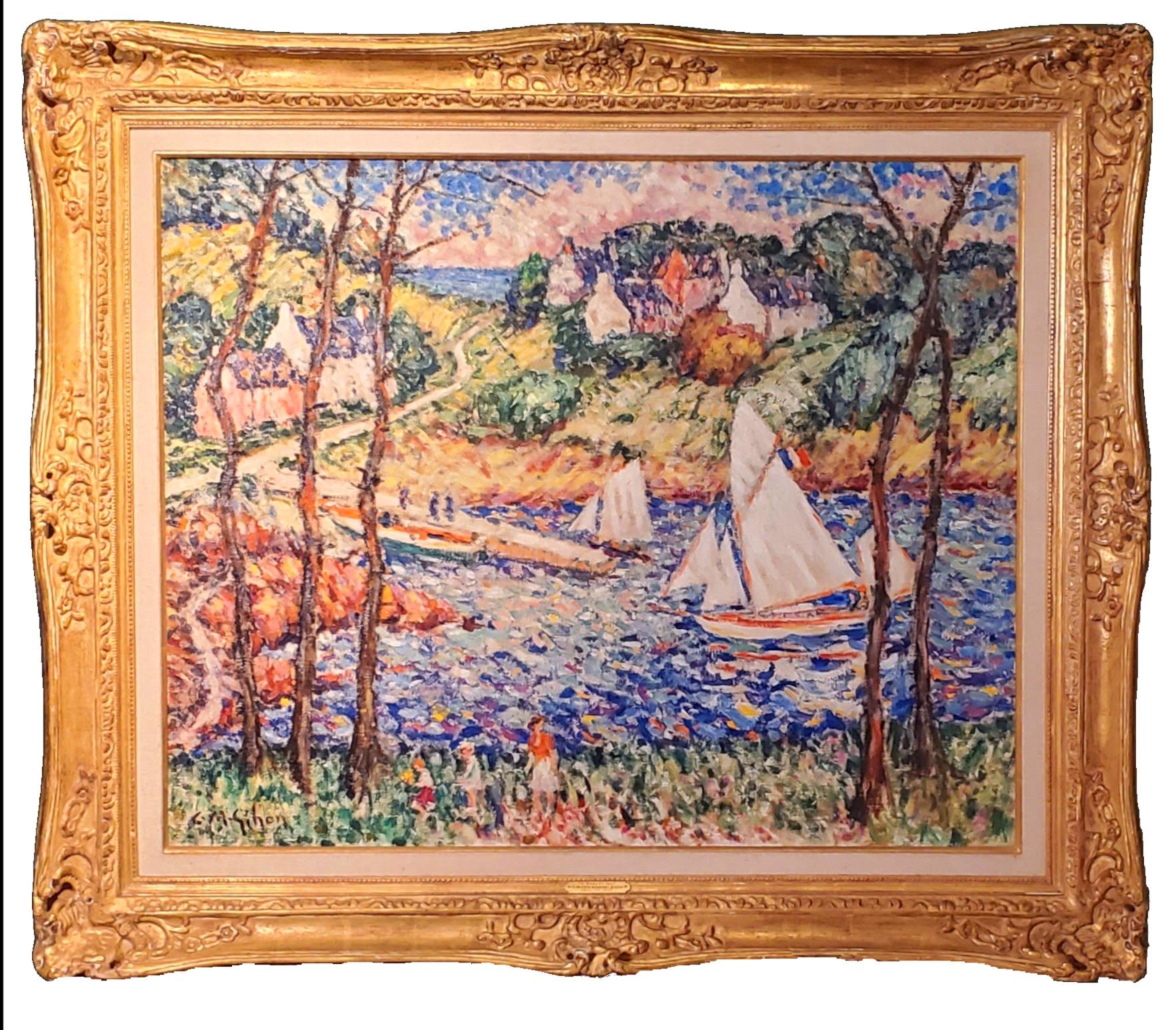 Sammeln von Wildblumen an einem windigen Tag – Painting von Clarence Gihon