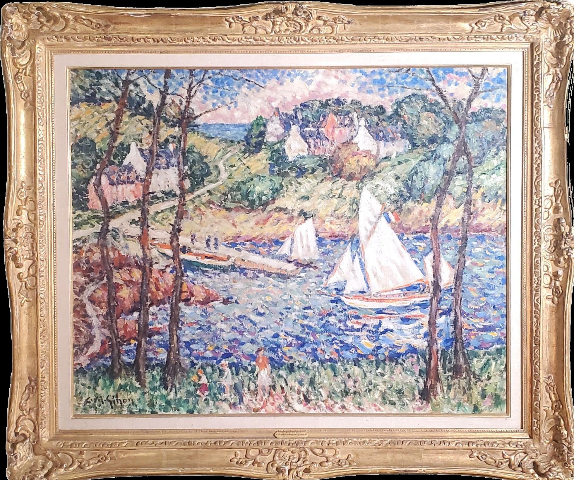 Clarence Gihon Landscape Painting – Sammeln von Wildblumen an einem windigen Tag