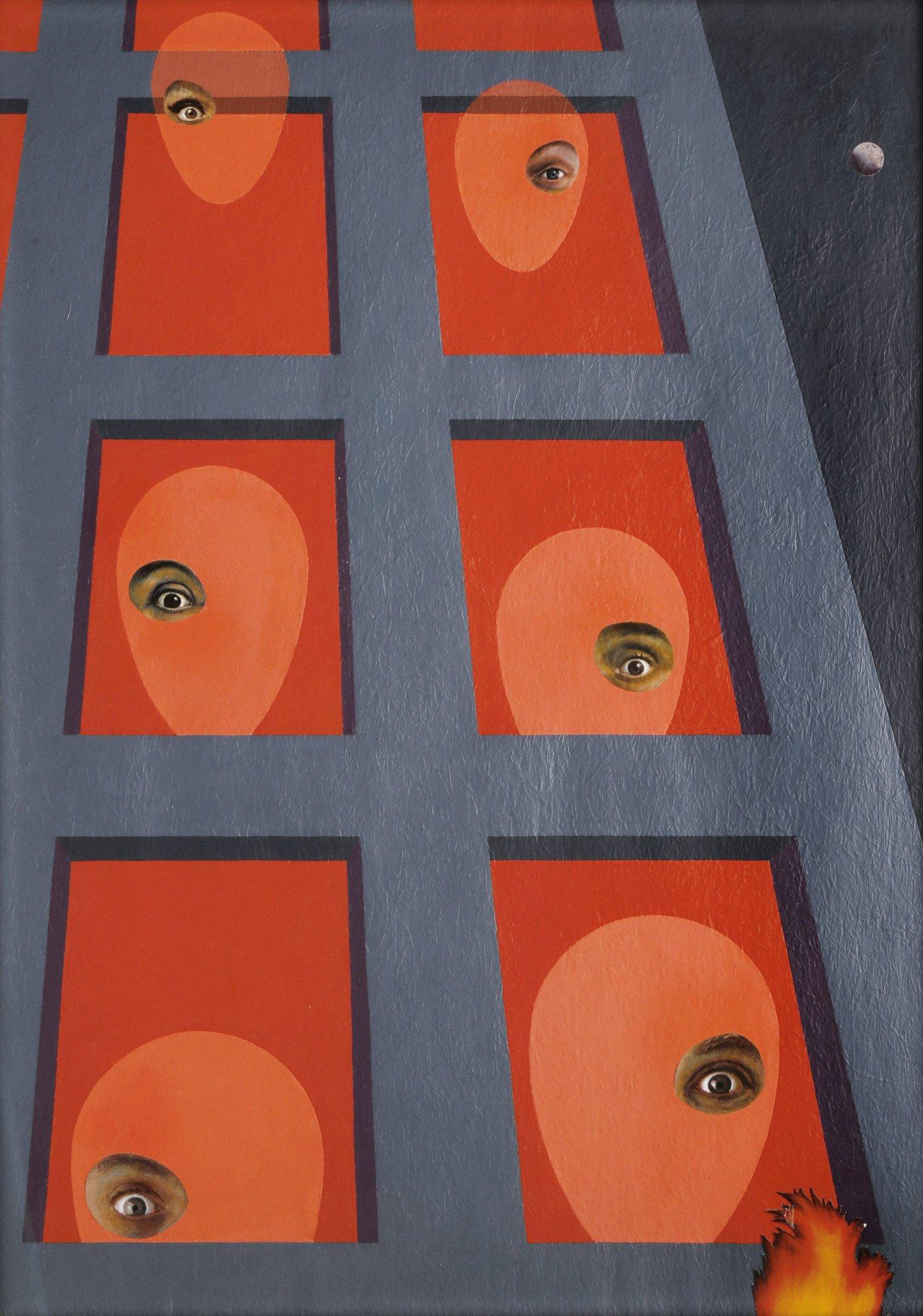 Clarence Holbrook Carter Figurative Painting - Ablaze, Ovoid Faces Looking Through Geometrical Windows