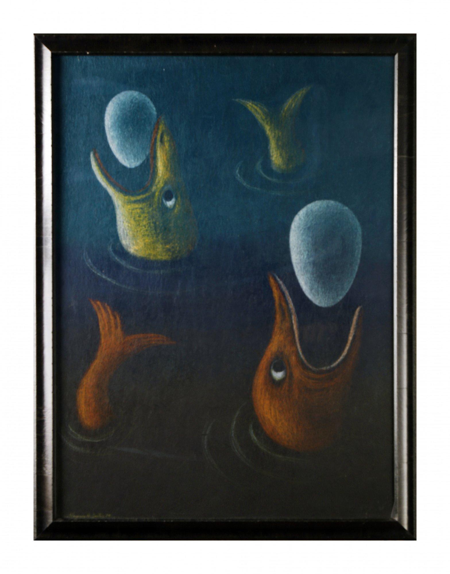 Chimeras, mid-century figural abstract blue acrylic painting - Painting by Clarence Holbrook Carter